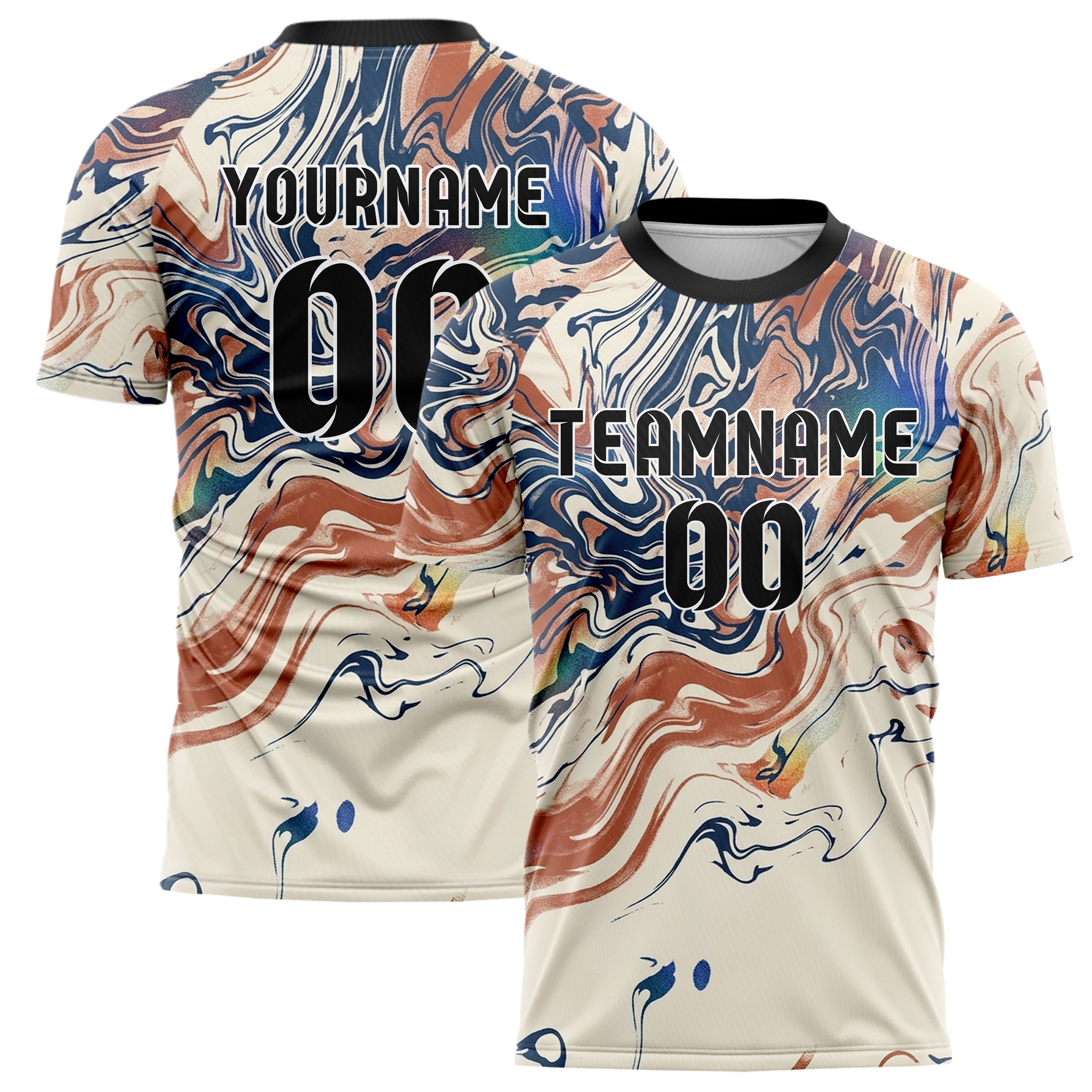 Cream Ink Blue Terracotta Marbled Fluid Contour Custom Soccer Jersey