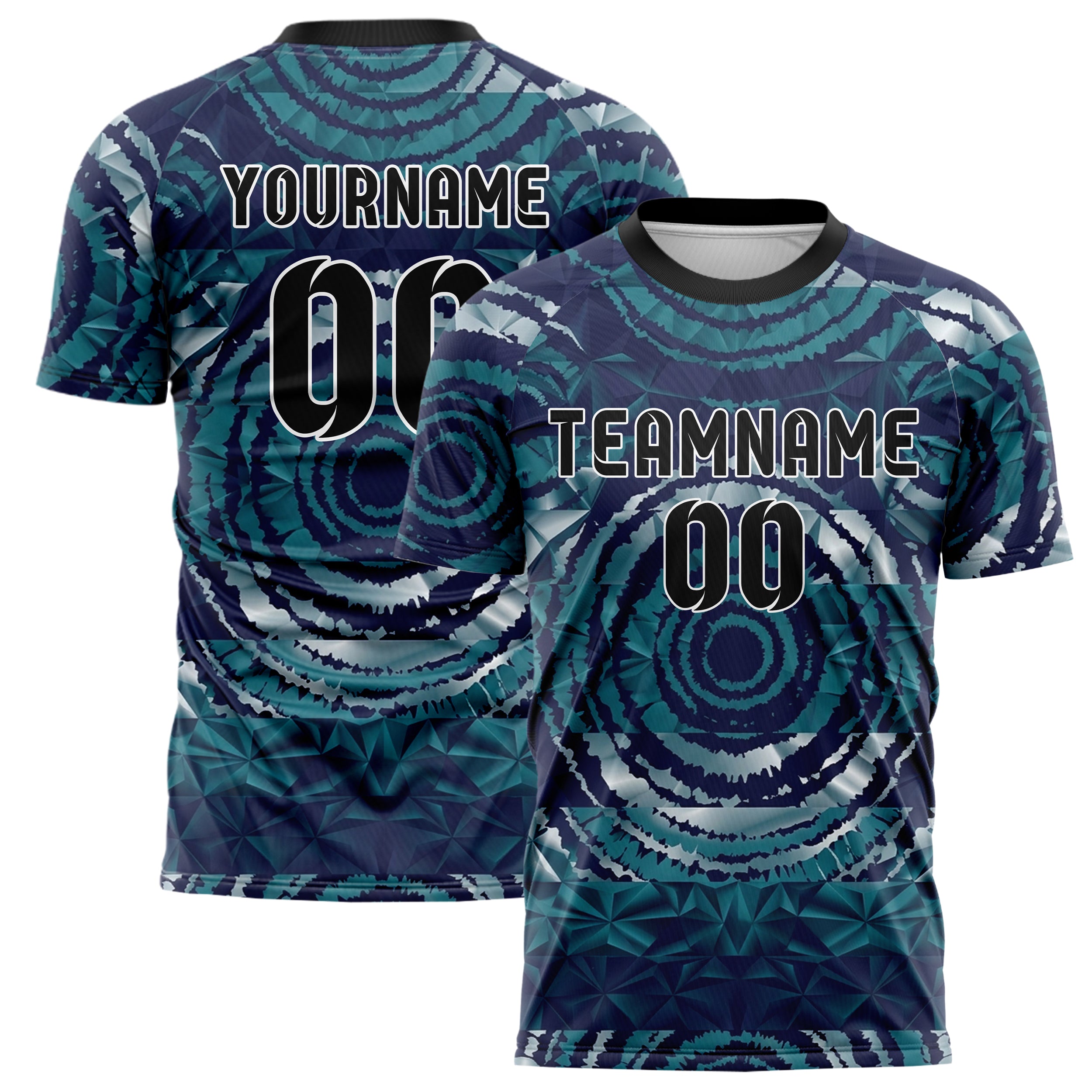 Teal Indigo Silver Tiedye Interference Rings Custom Soccer Jersey
