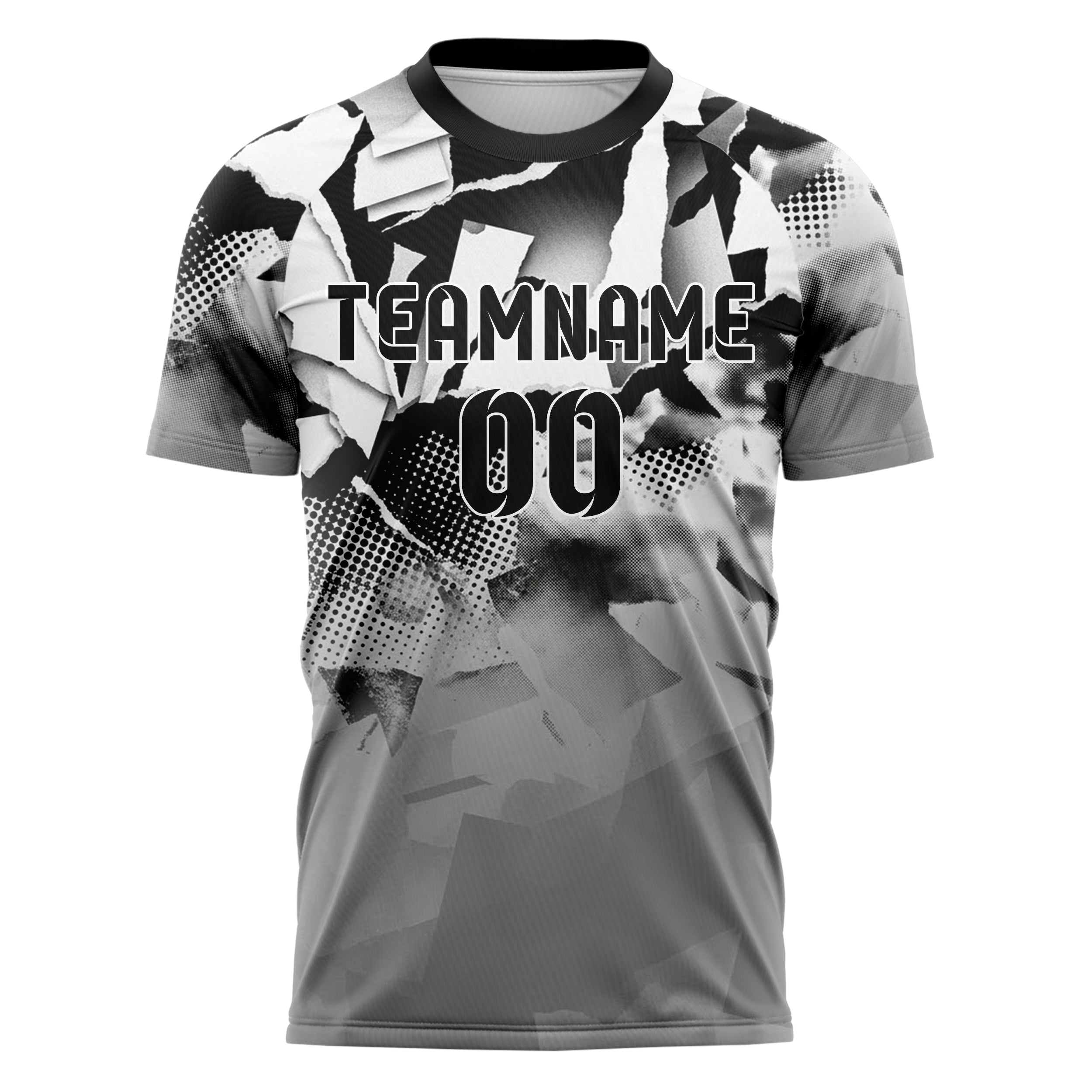 Black White Grey Collage Paper Rupture Custom Soccer Jersey