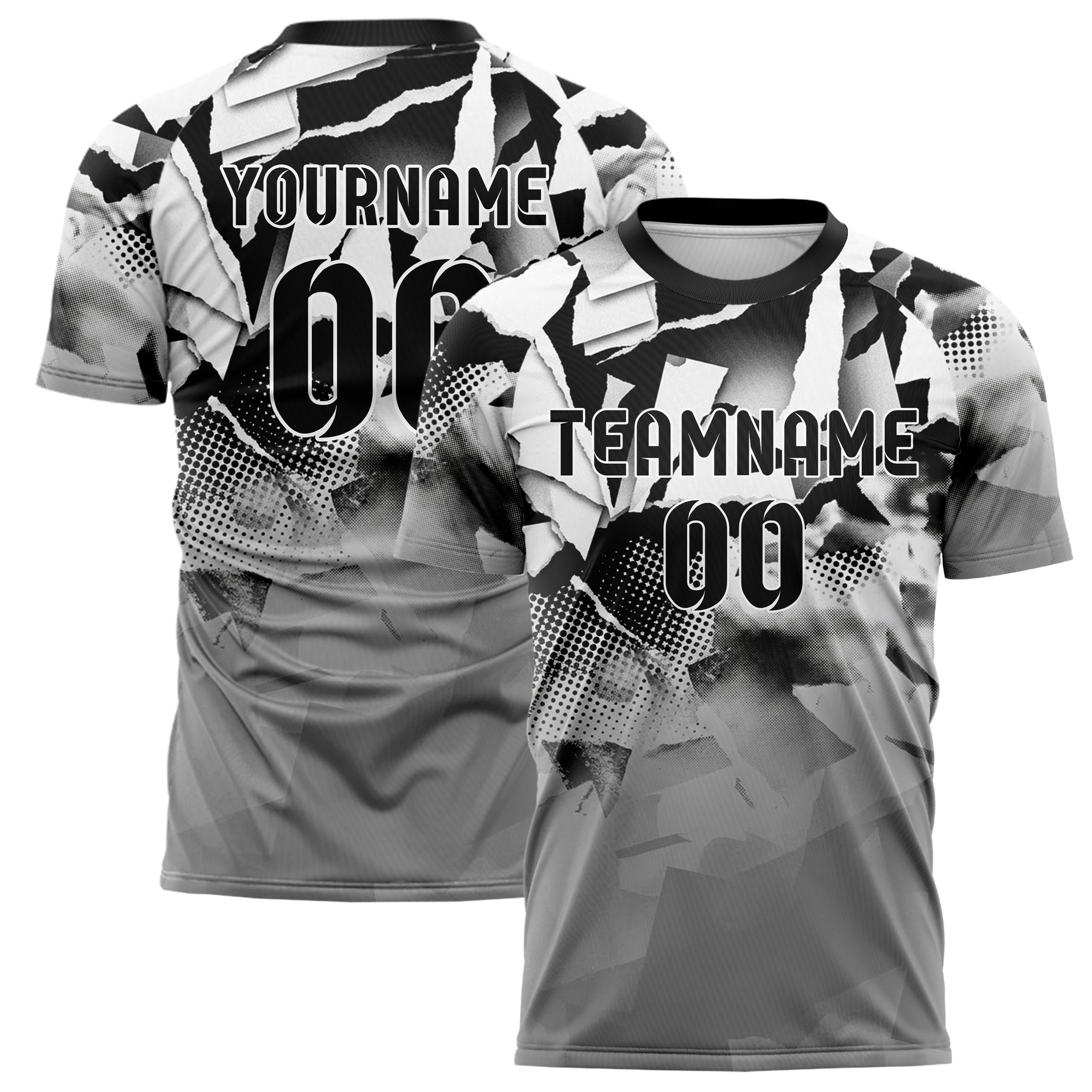 Black White Grey Collage Paper Rupture Custom Soccer Jersey