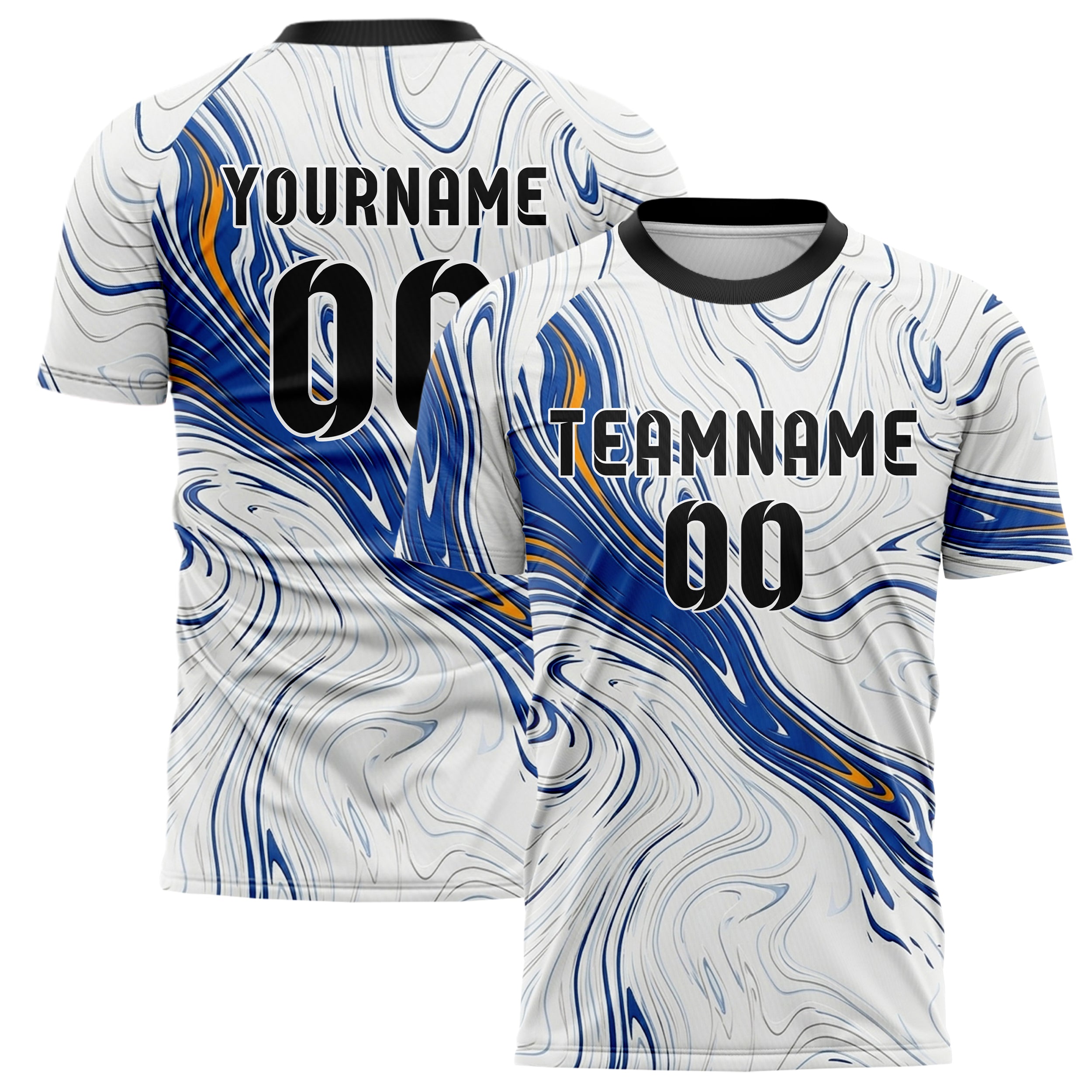 White Cobalt Amber Marbled Fluid Contour Custom Soccer Jersey