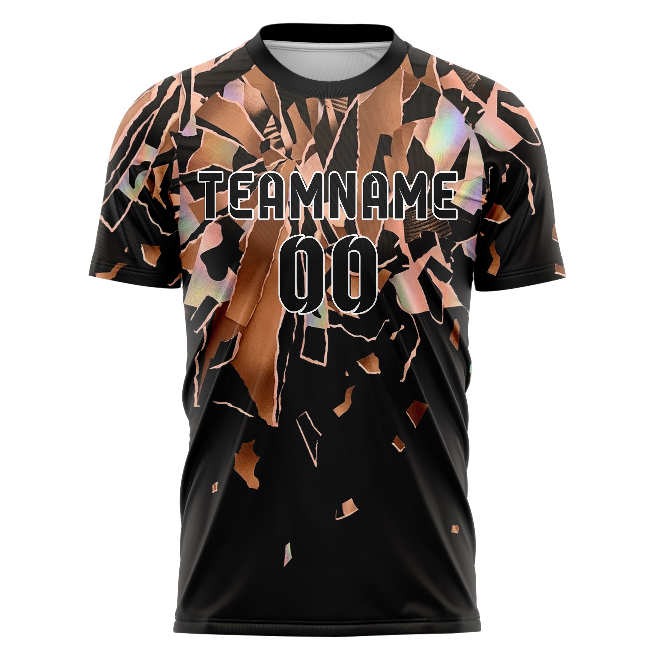 Copper Rose Gold Black Collage Paper Rupture Custom Soccer Jersey