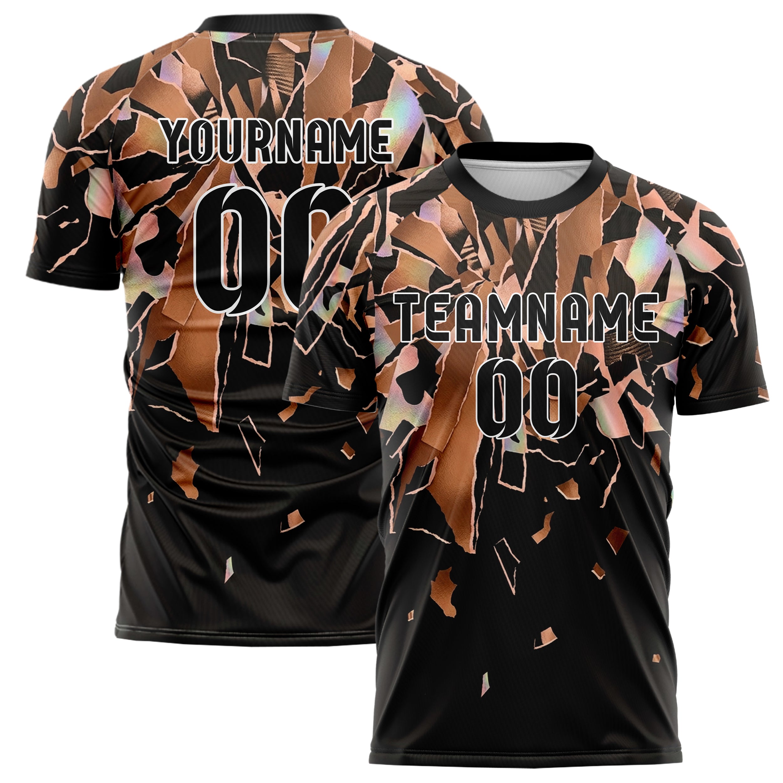 Copper Rose Gold Black Collage Paper Rupture Custom Soccer Jersey