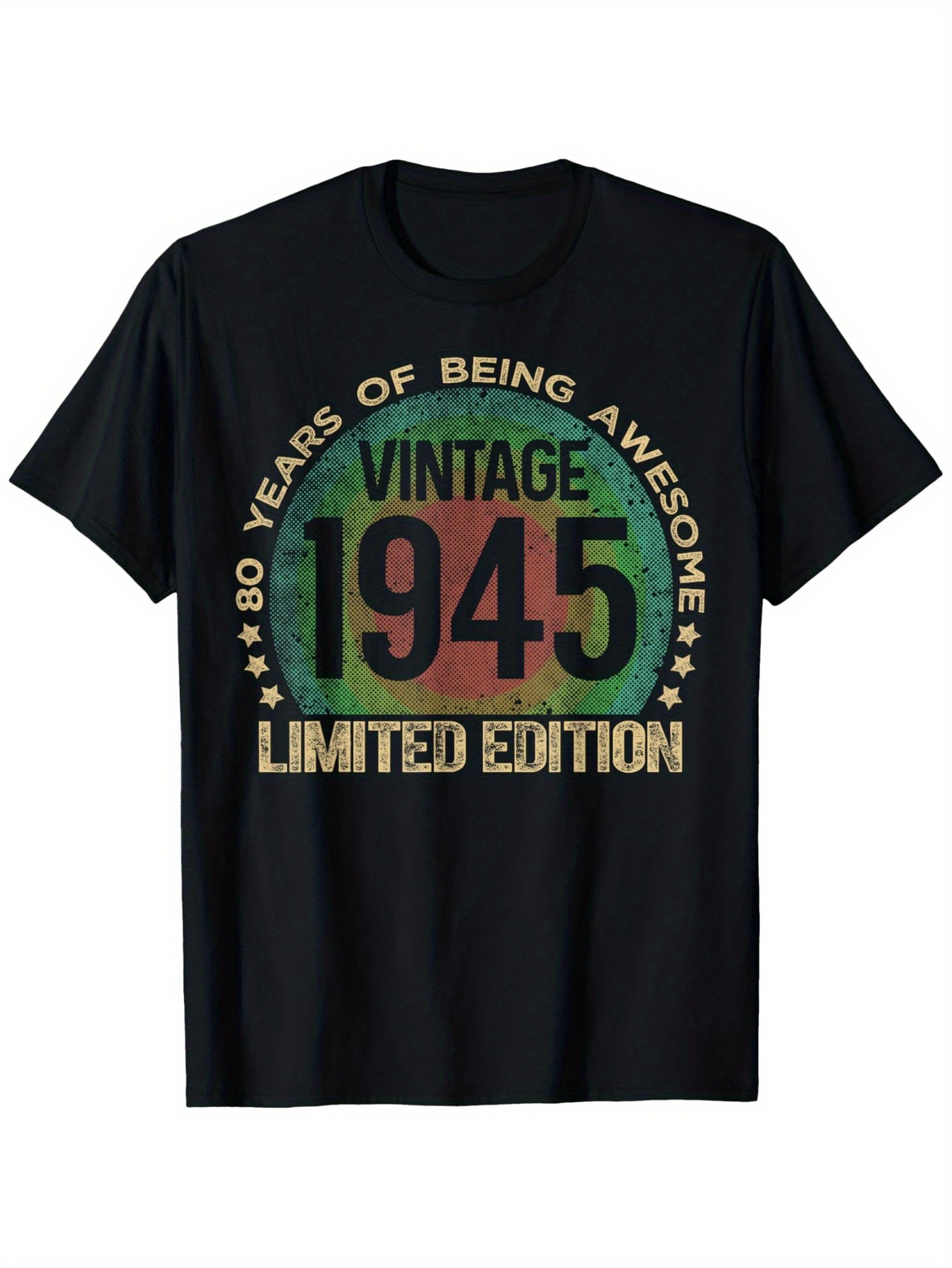 Tailorly Men's Printed Tee - Vintage Limited Edition 1945 With Faded Retro Colors Surrounded By Stars