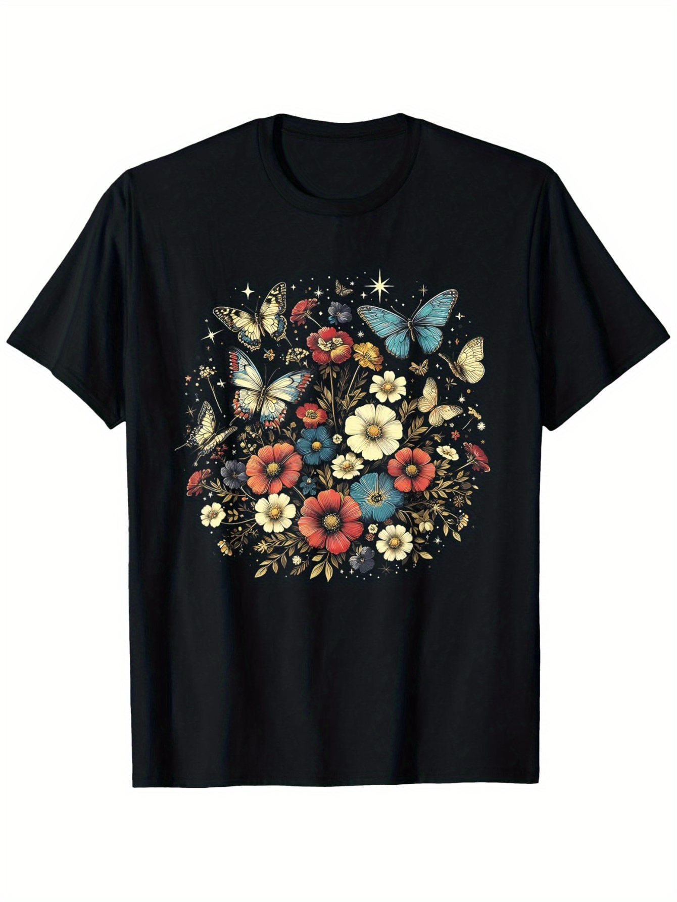 Tailorly Men's Printed Tee - Vintage Butterflies Resting Among Colorful Wild Meadow Flowers