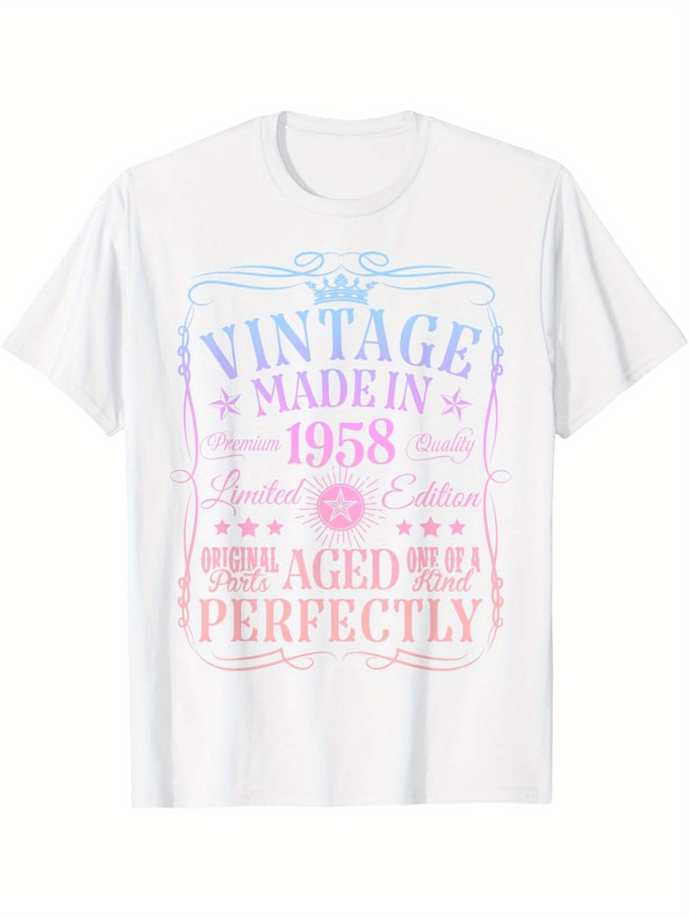 Tailorly Men's Printed Tee - Vintage Made In 1958 Pastel Typography Among Playful Decorative Stars Graphics