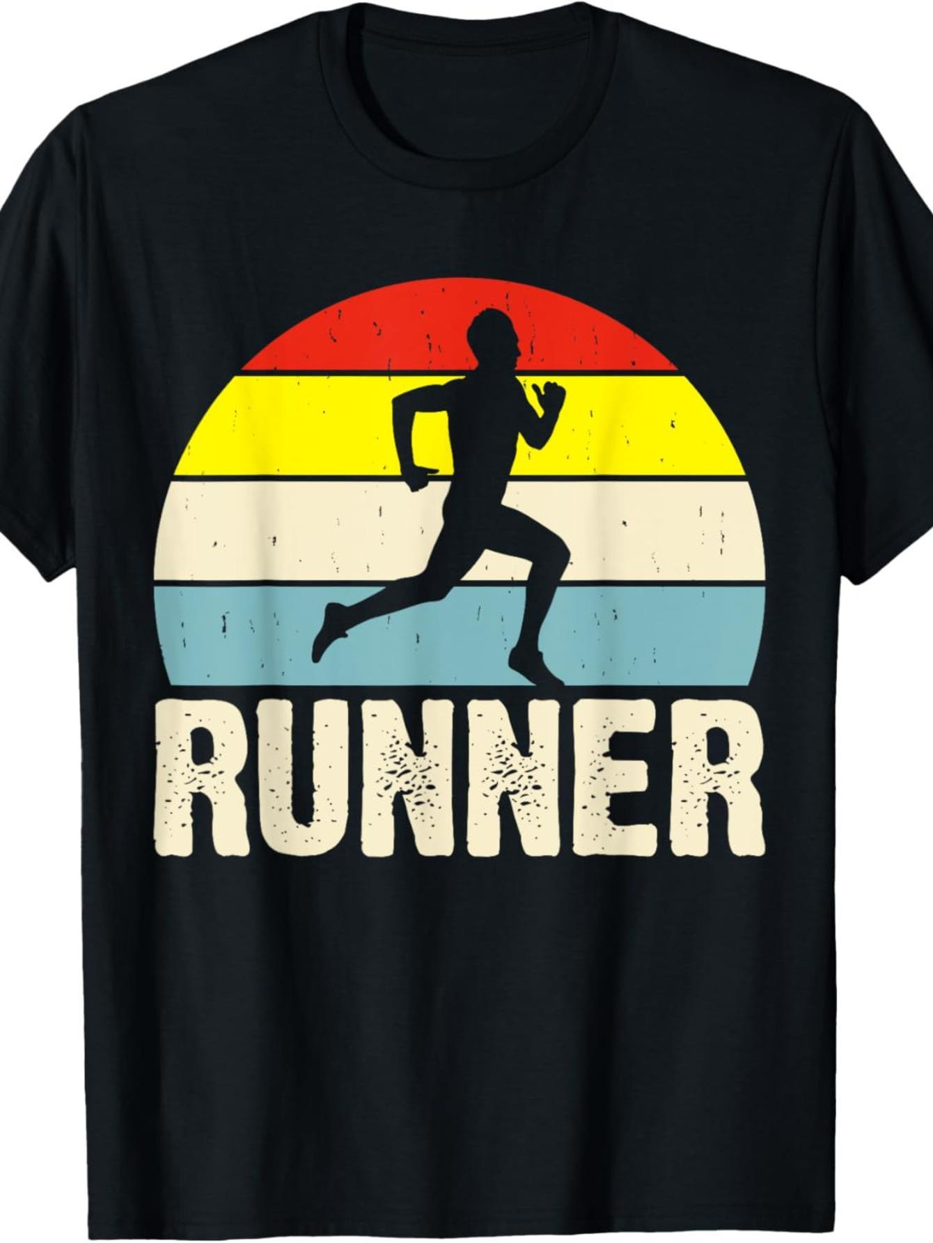 Tailorly Men's Printed Tee - Runner With Vintage Sunset And Silhouette Athlete Under Retro Colored Sky