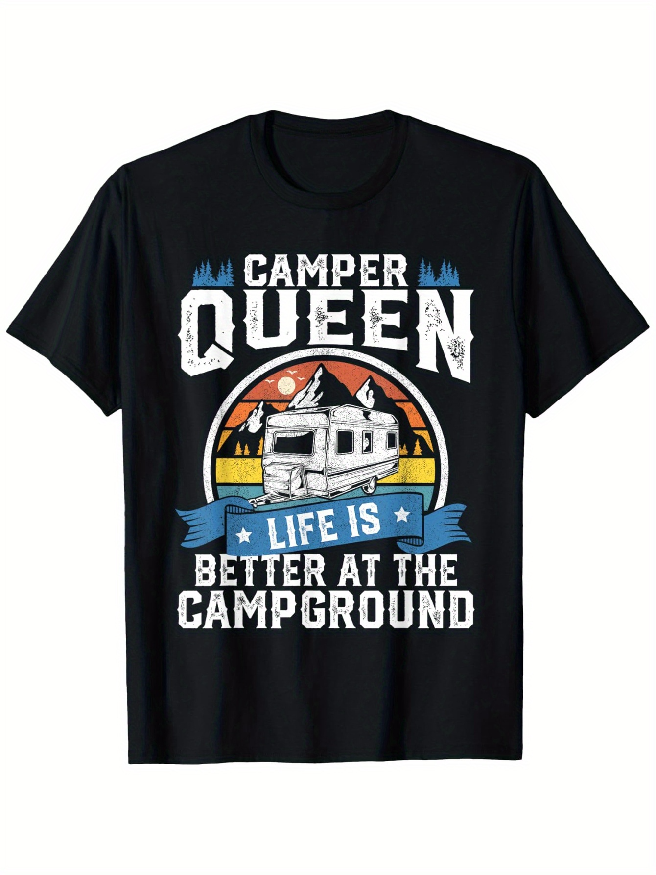 Tailorly Men's Printed Tee - Camper Queen Vintage Camper Sunset With Playful Rabbits Among Decorative Text