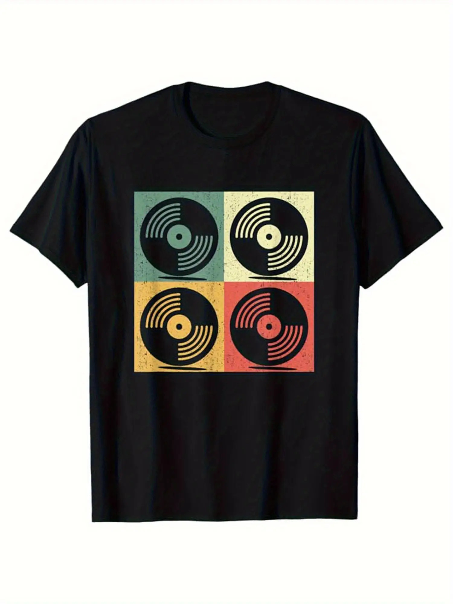 Tailorly Men's Printed Tee - Retro Colored Vinyl Records In Geometric Pattern Artwork Record