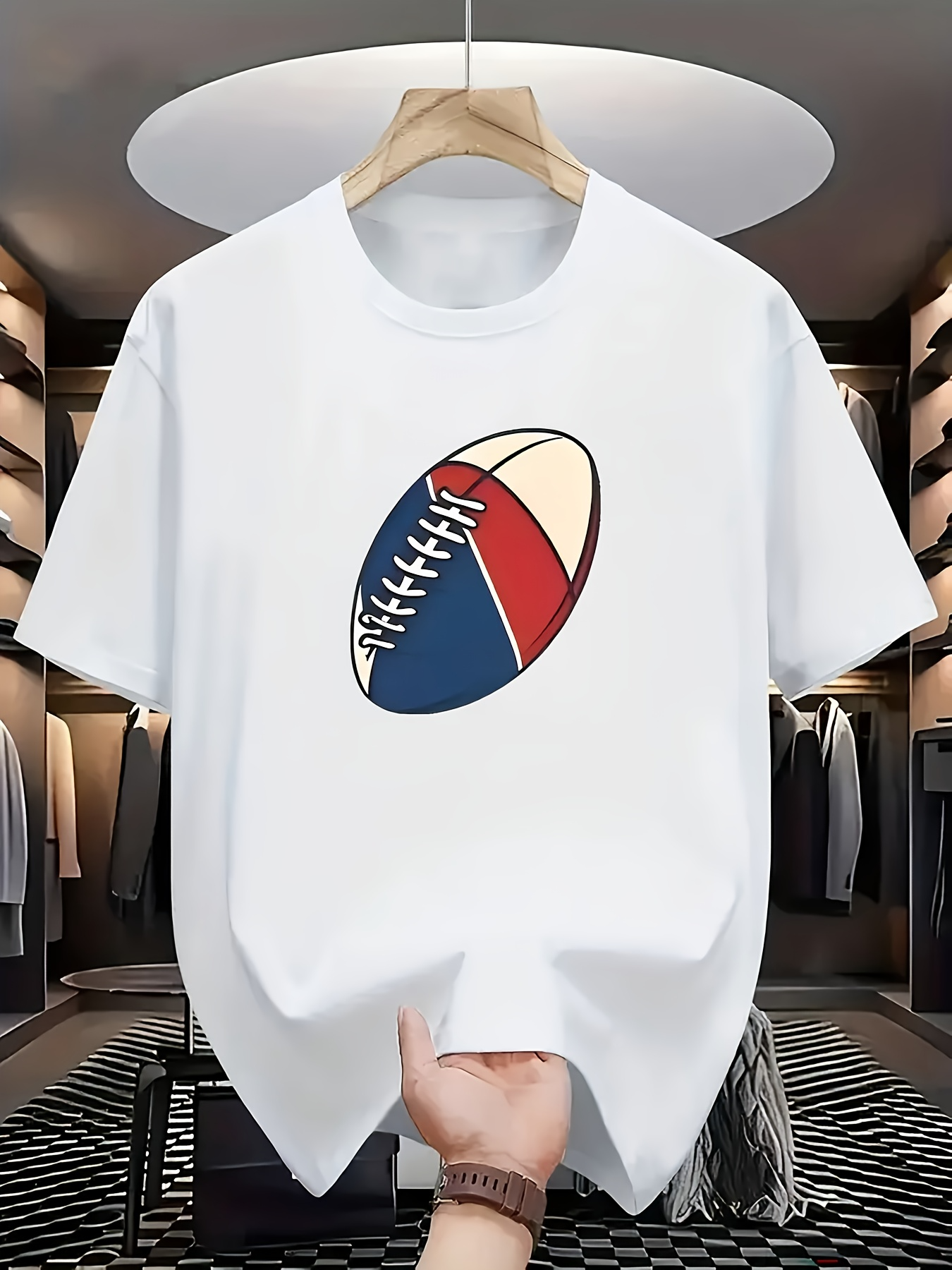 Tailorly Men's Printed Tee - Vintage Color Blocked Rugby Ball Graphic Football