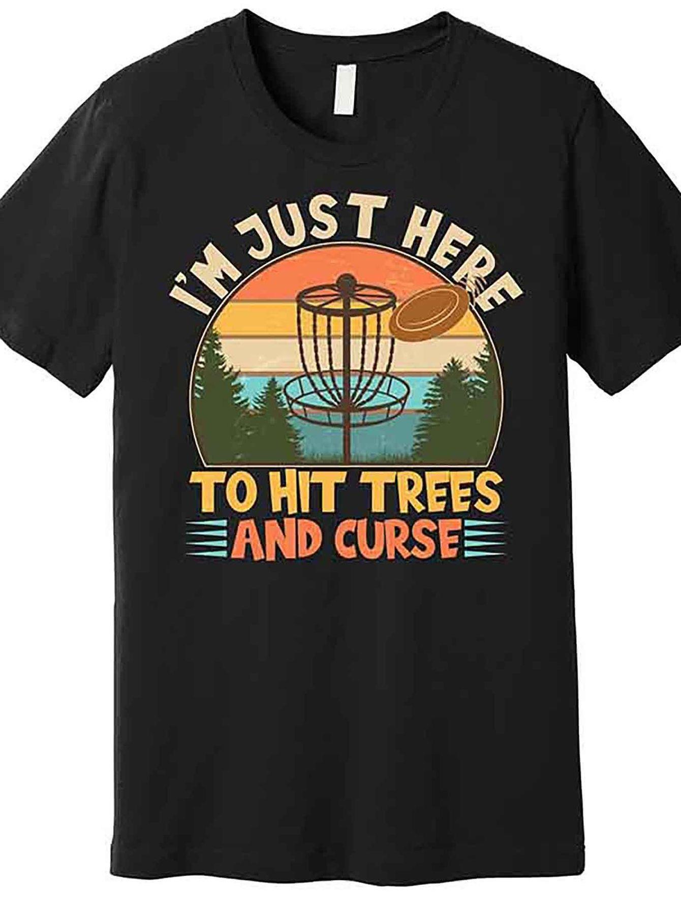 Tailorly Men's Printed Tee - Im Just Here Vintage Sunset Colors Disc Golf And Tall Evergreen Trees Basket
