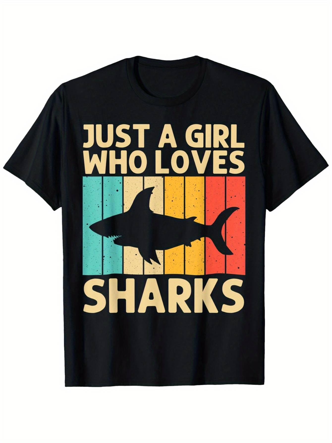 Tailorly Men's Printed Tee - Just A Girl Who Loves Sharks Over Vintage Colored Stripes And Shark Silhouette