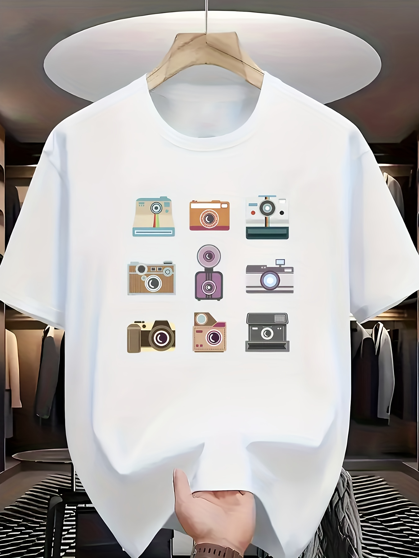 Tailorly Men's Printed Tee - Retro Colored Vintage Cameras Arranged In Neat Minimalist Grid