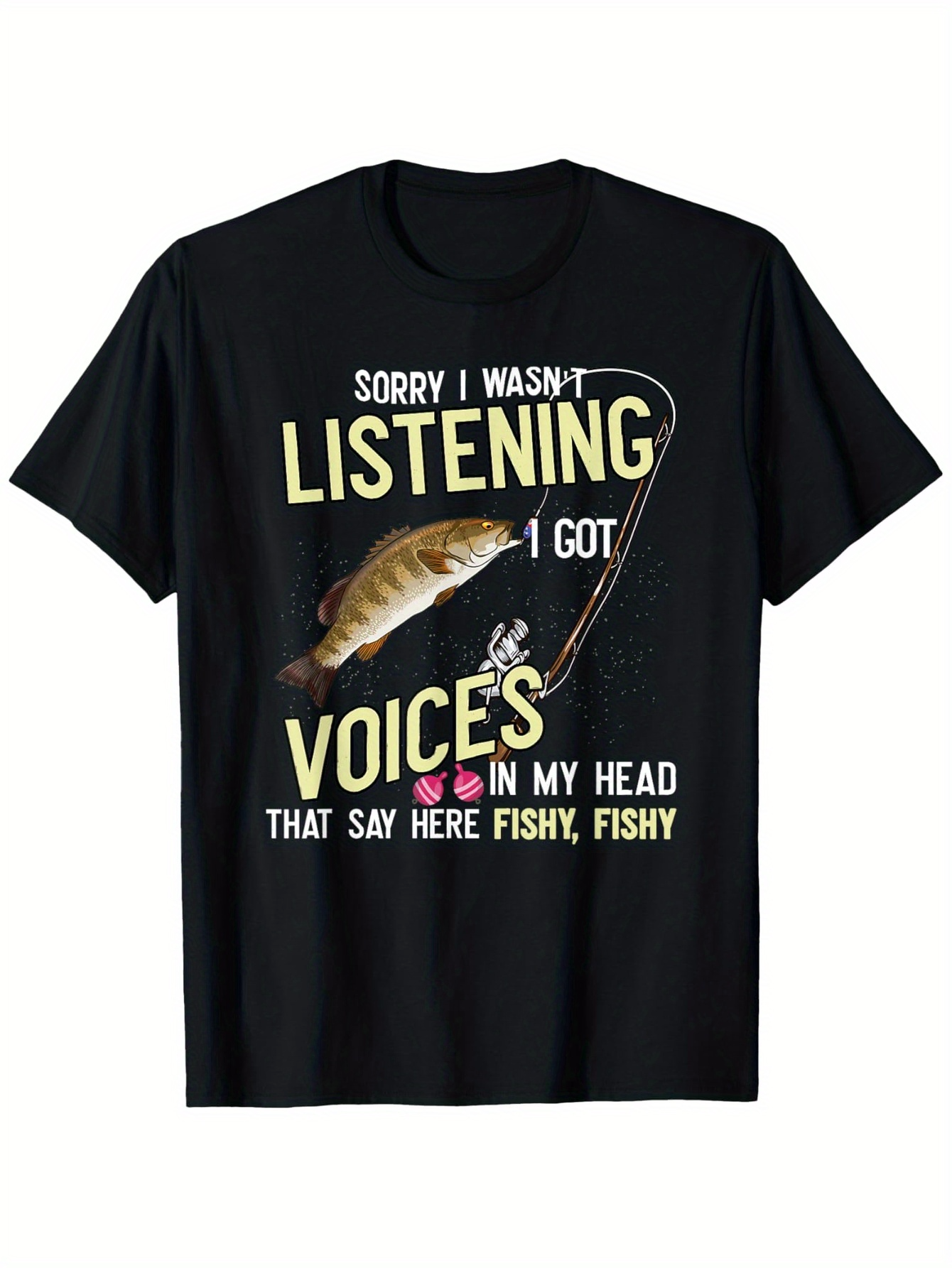 Tailorly Men's Printed Tee - Sorry I Wasnt Listening I Got Voices In My Head That Say Here Fishy Fishy With Hooked Largemouth Bass Underwater