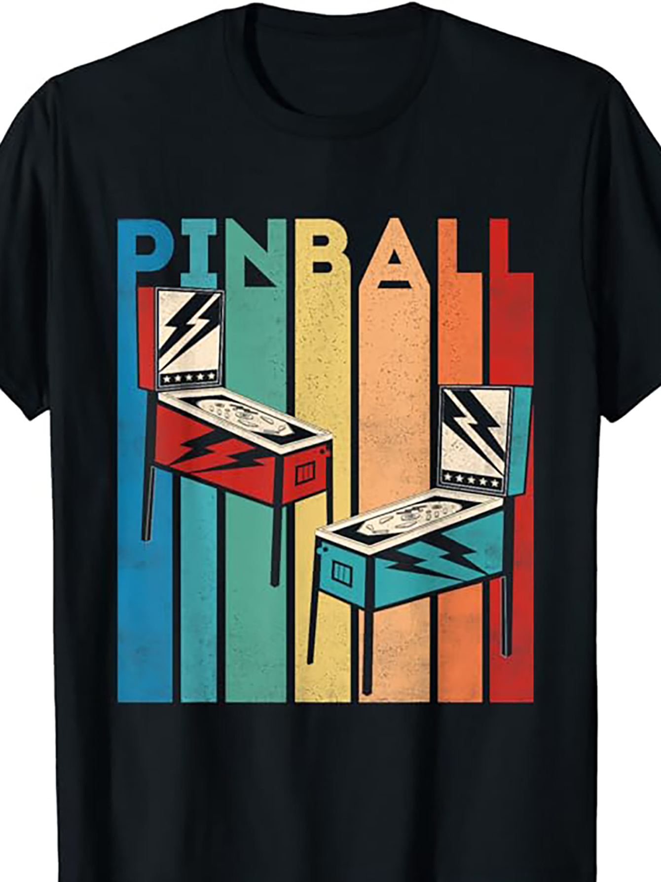 Tailorly Men's Printed Tee - Retro Rainbow Colors With Lightning Bolts And Vintage Game Pinball Machine
