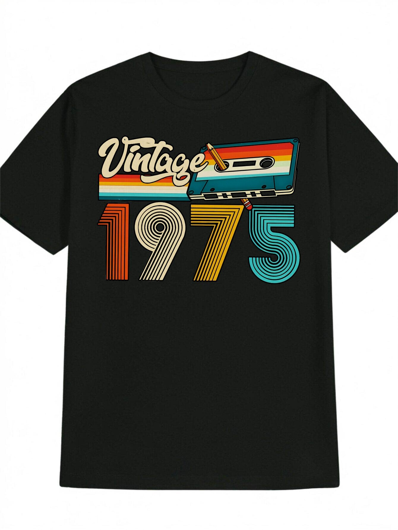 Tailorly Men's Printed Tee - Vintage Multicolor Striped Numbers With Retro Cassette Tape