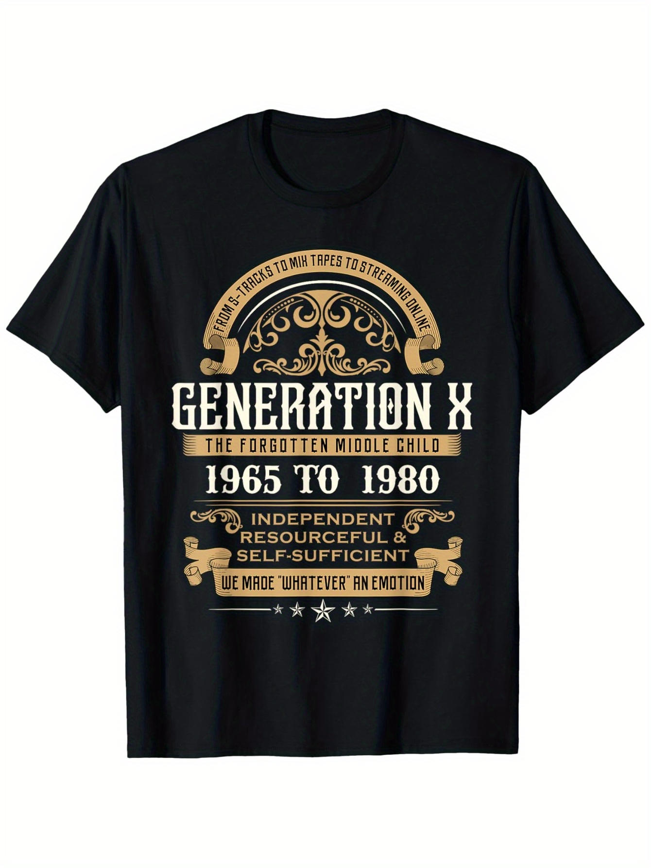 Tailorly Men's Printed Tee - Generation X Typography With Ornamental Banners Vintage Lettering Style In Classic Black Shirt