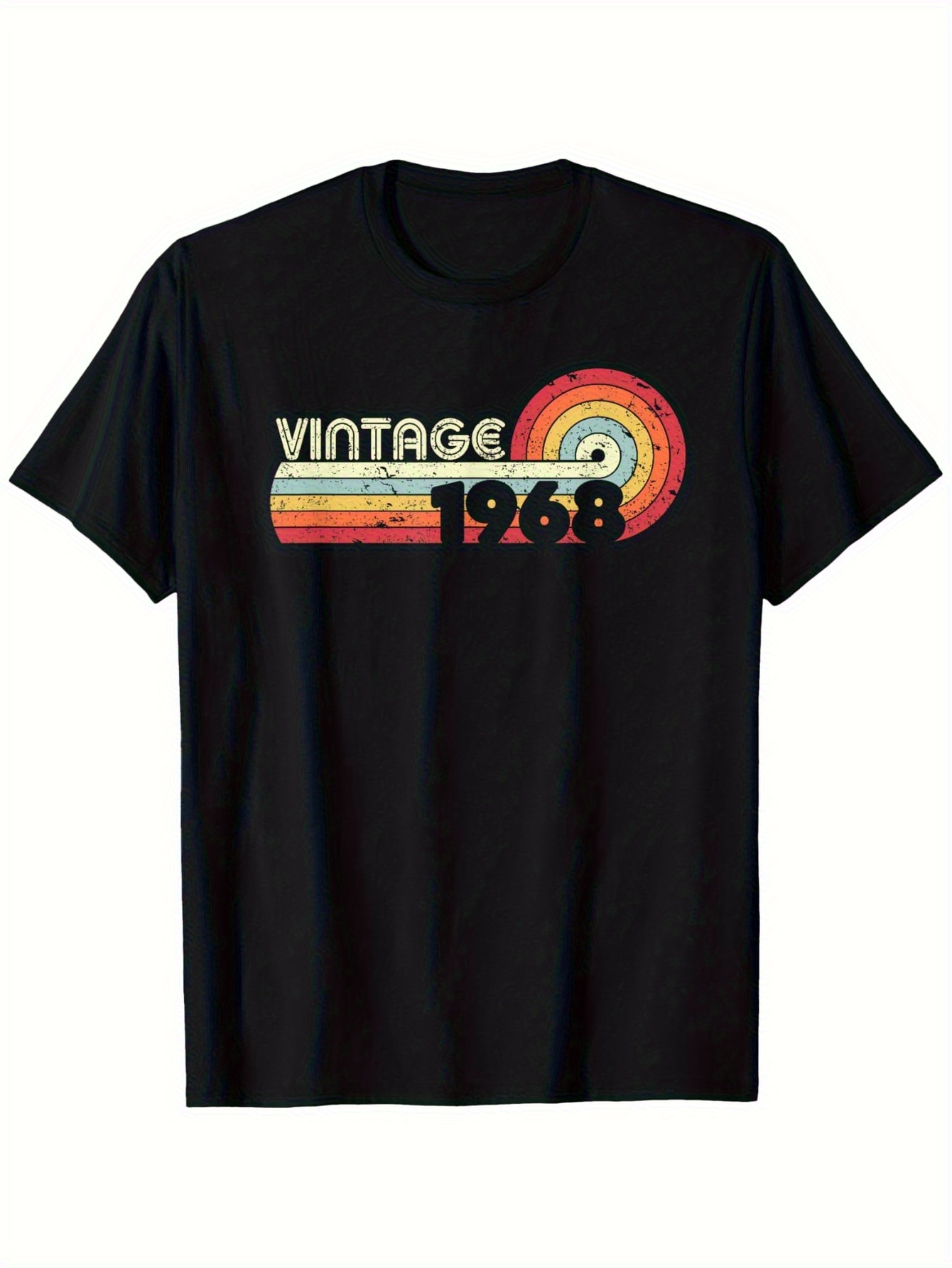 Tailorly Men's Printed Tee - Vintage 1968 Retro Rainbow Graphic With Faded Colorful Stripes And Bold Numbers