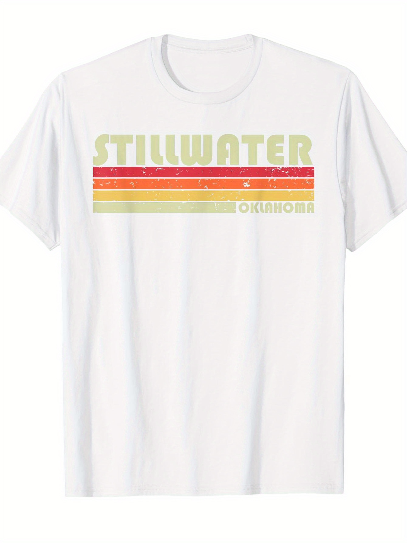Tailorly Men's Printed Tee - Stillwater Faded Retro Colored Stripes With Vintage Oklahoma Text