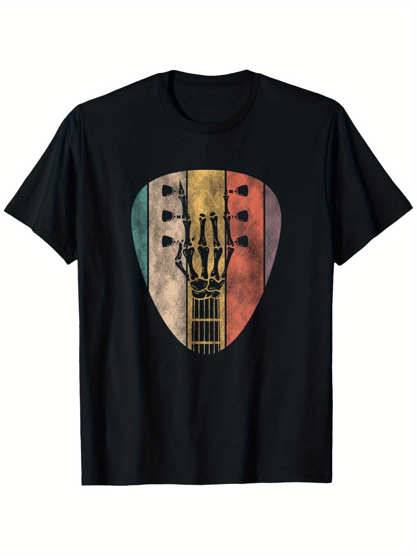 Tailorly Men's Printed Tee - Colorful Vintage Guitar Pick With Skeleton Hand Art Guitar