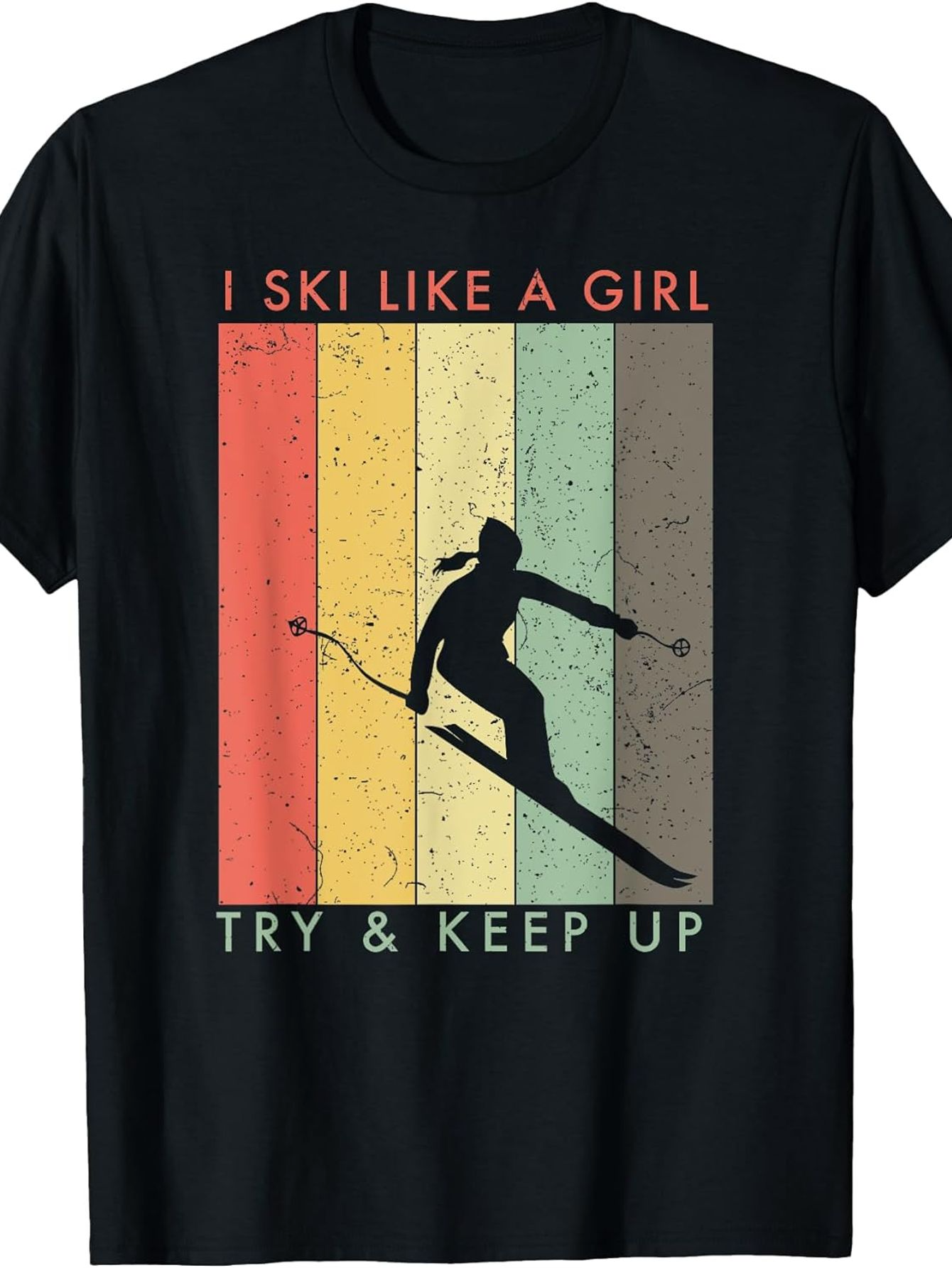 Tailorly Men's Printed Tee - I Ski Like A Girl Vintage Color Stripes Featuring Retro Skiing Silhouette