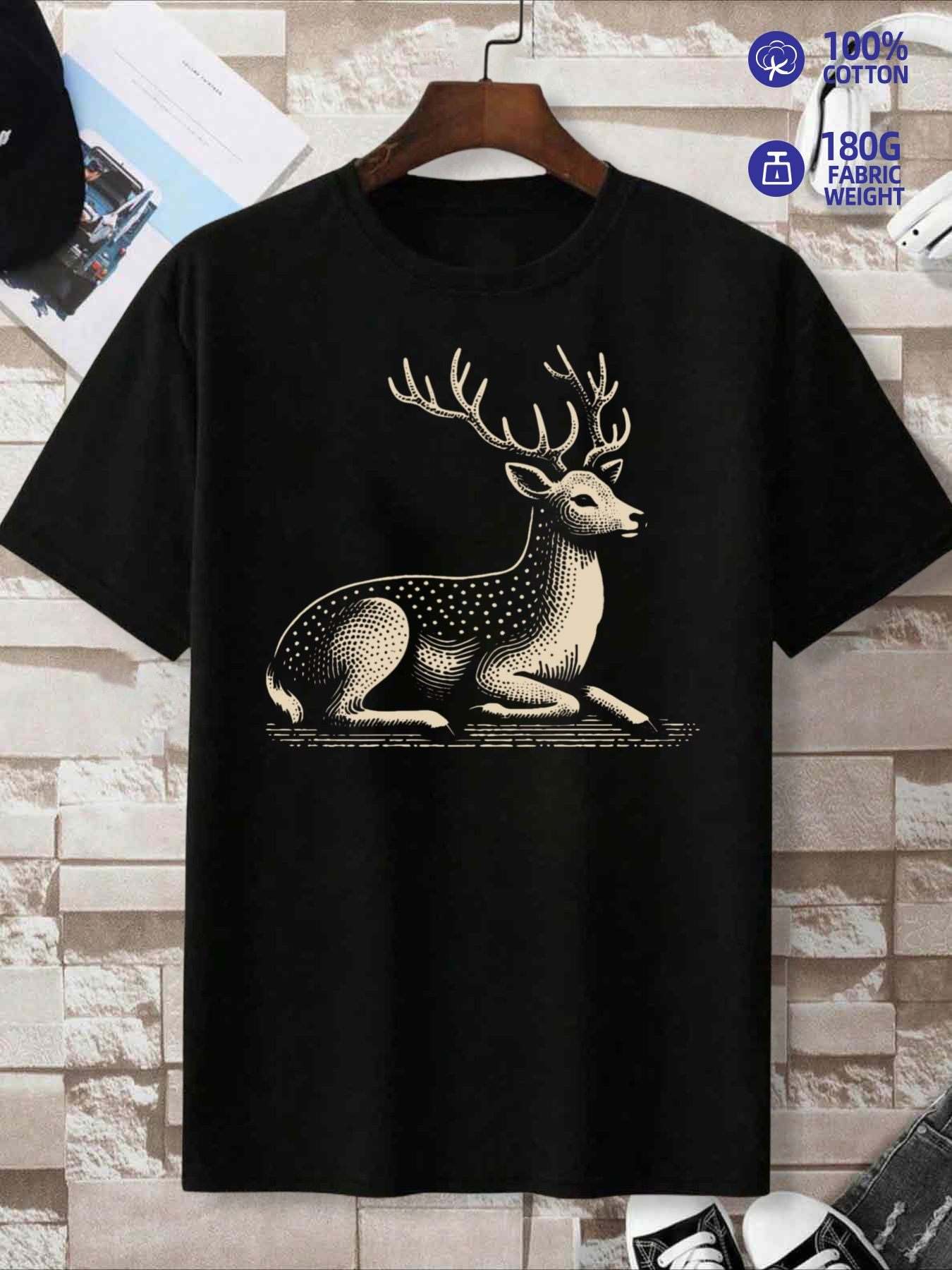 Tailorly Men's Printed Tee - Vintage Realistic Spotted Forest Deer Resting Calmly Under Sunlight Deer