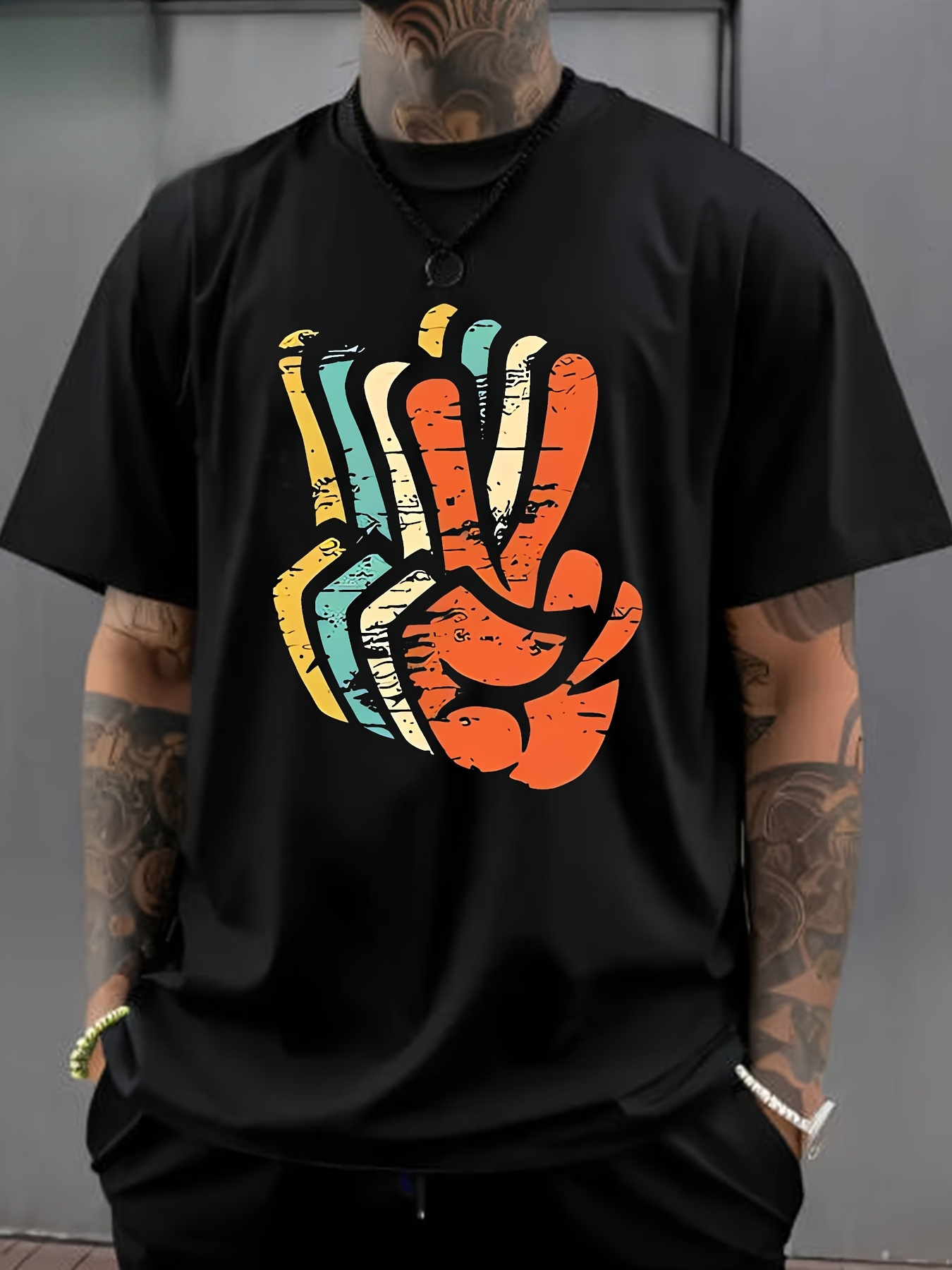 Tailorly Men's Printed Tee - Retro Striped Peace Hand Sign With Faded Vintage Colors