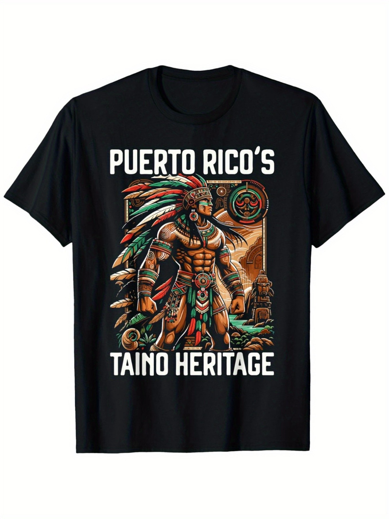 Tailorly Men's Printed Tee - Puerto Ricos Taino Heritage Bold Tribal Colors Warrior Among Jungle