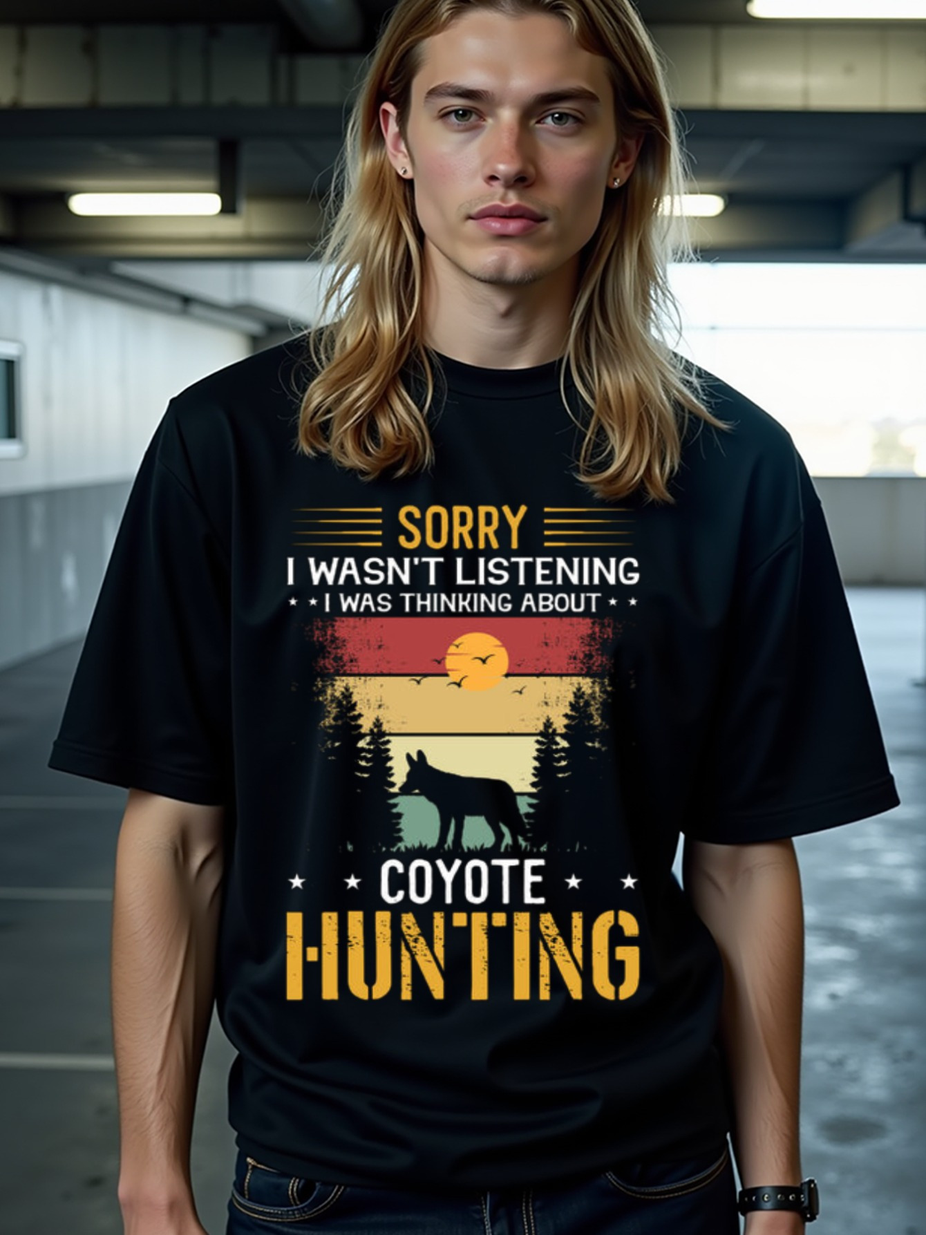 Tailorly Men's Printed Tee - Sorry I Wasnt Listening Sunset Forest With Silhouette Trees Mountains And Coyote Hunting