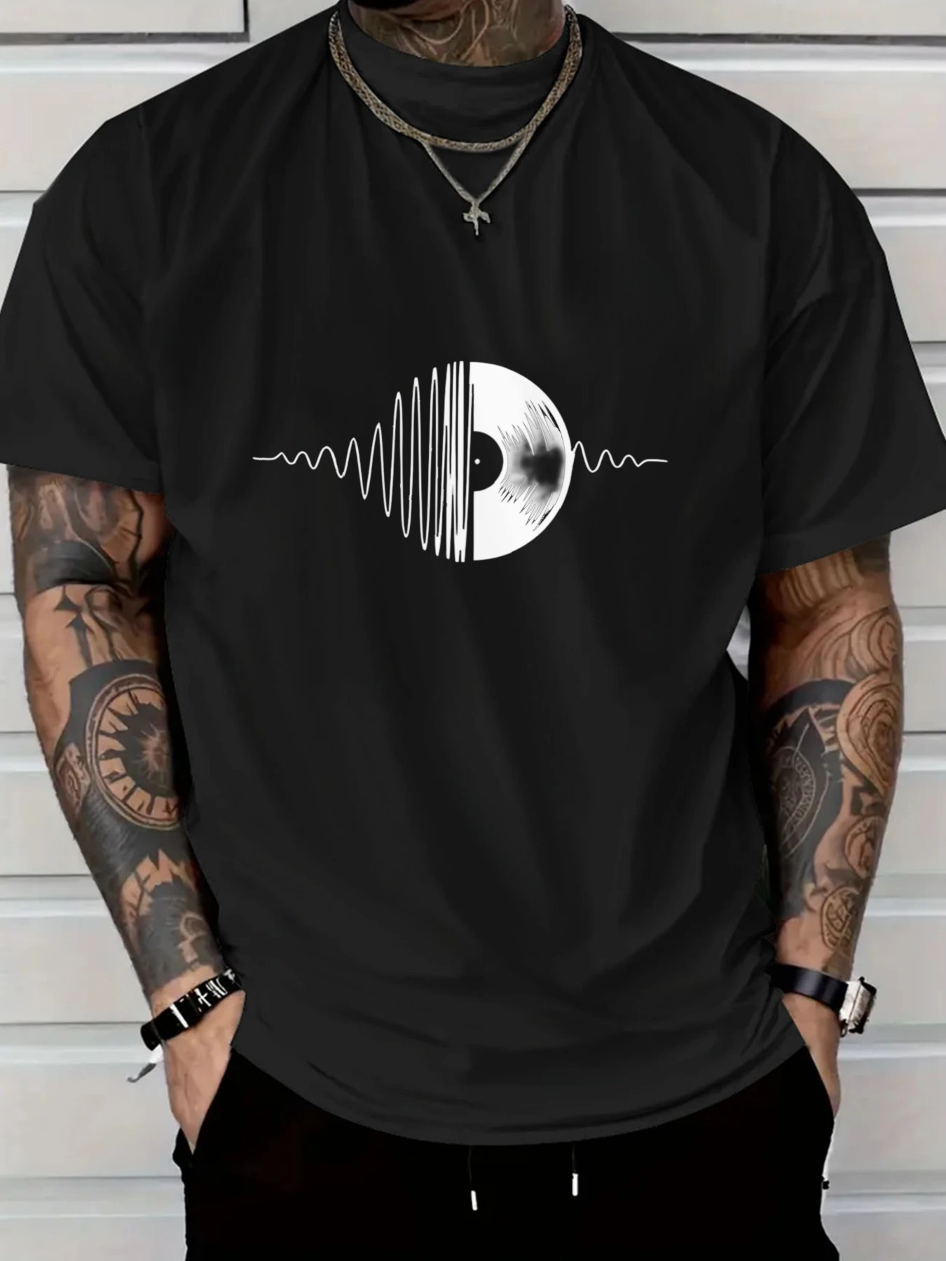 Tailorly Men's Printed Tee - Modern Sound Waves With Vintage Vinyl Among Minimalist Lines Record