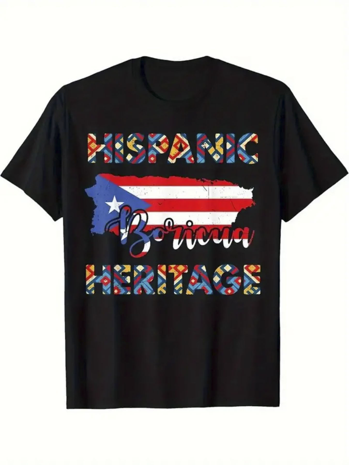 Tailorly Men's Printed Tee - Puerto Rican Pride Flag With Colorful Patterned Letters And Heritage Theme