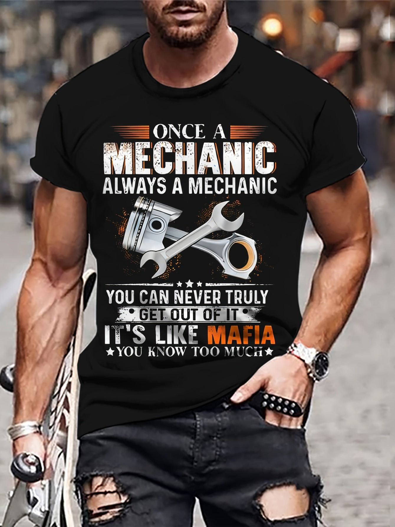 Tailorly Men's Printed Tee - Once A Mechanic Always A Mechanic Tools And Pistons Surrounded By Vintage Workshop Elements