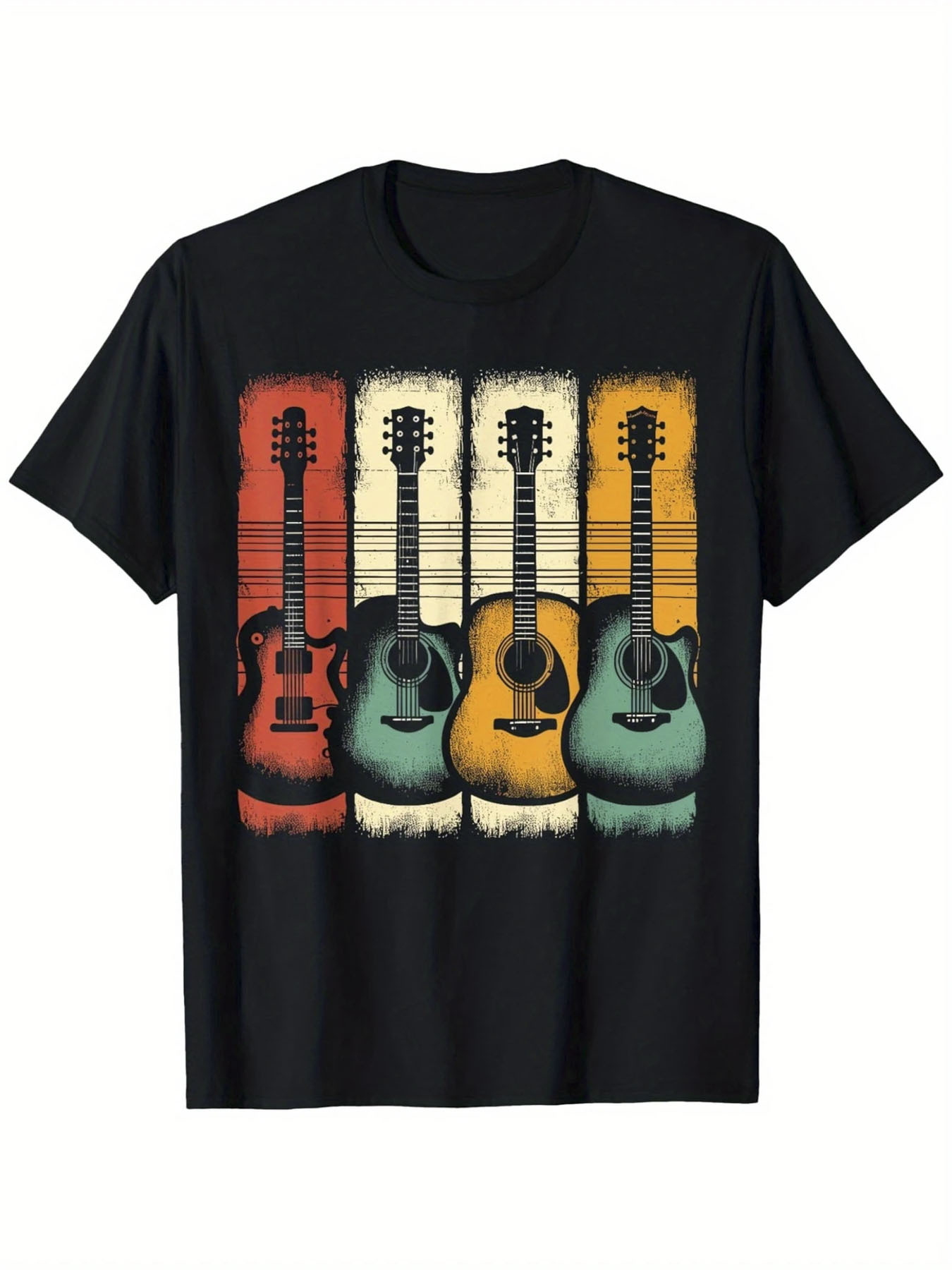 Tailorly Men's Printed Tee - Retro Colors With Vertical Stripes And Vintage Acoustic Guitars