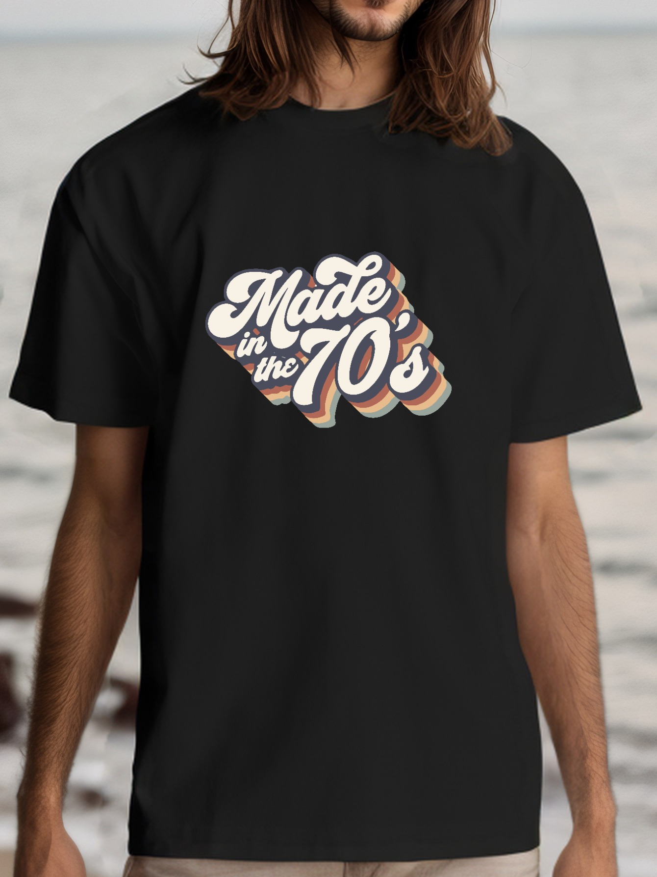 Tailorly Men's Printed Tee - Made In The 70s Retro Colorful Wave Design With Vintage Typography