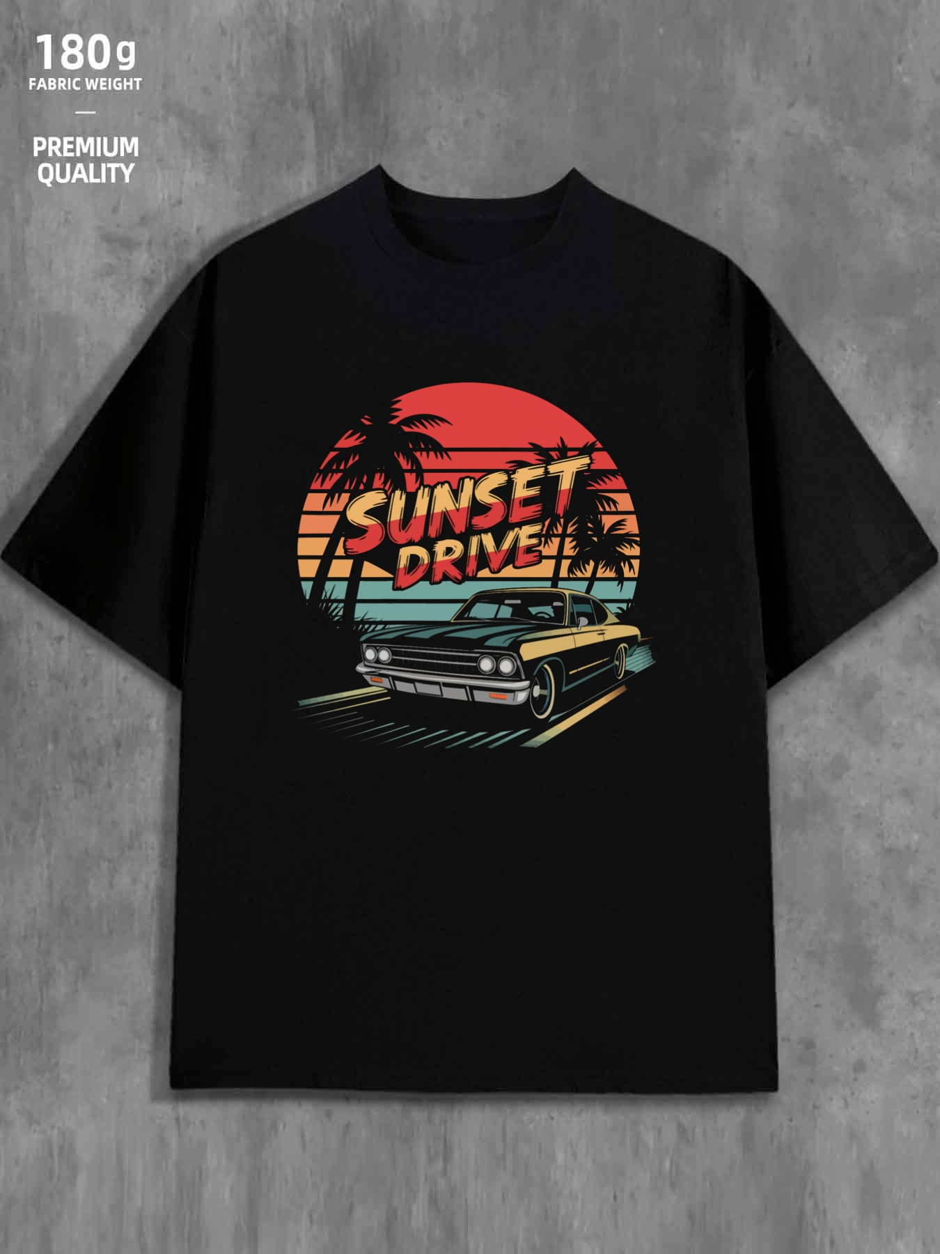 Tailorly Men's Printed Tee - Sunset Drive Palm Trees With Neon Colors Classic Vintage Car