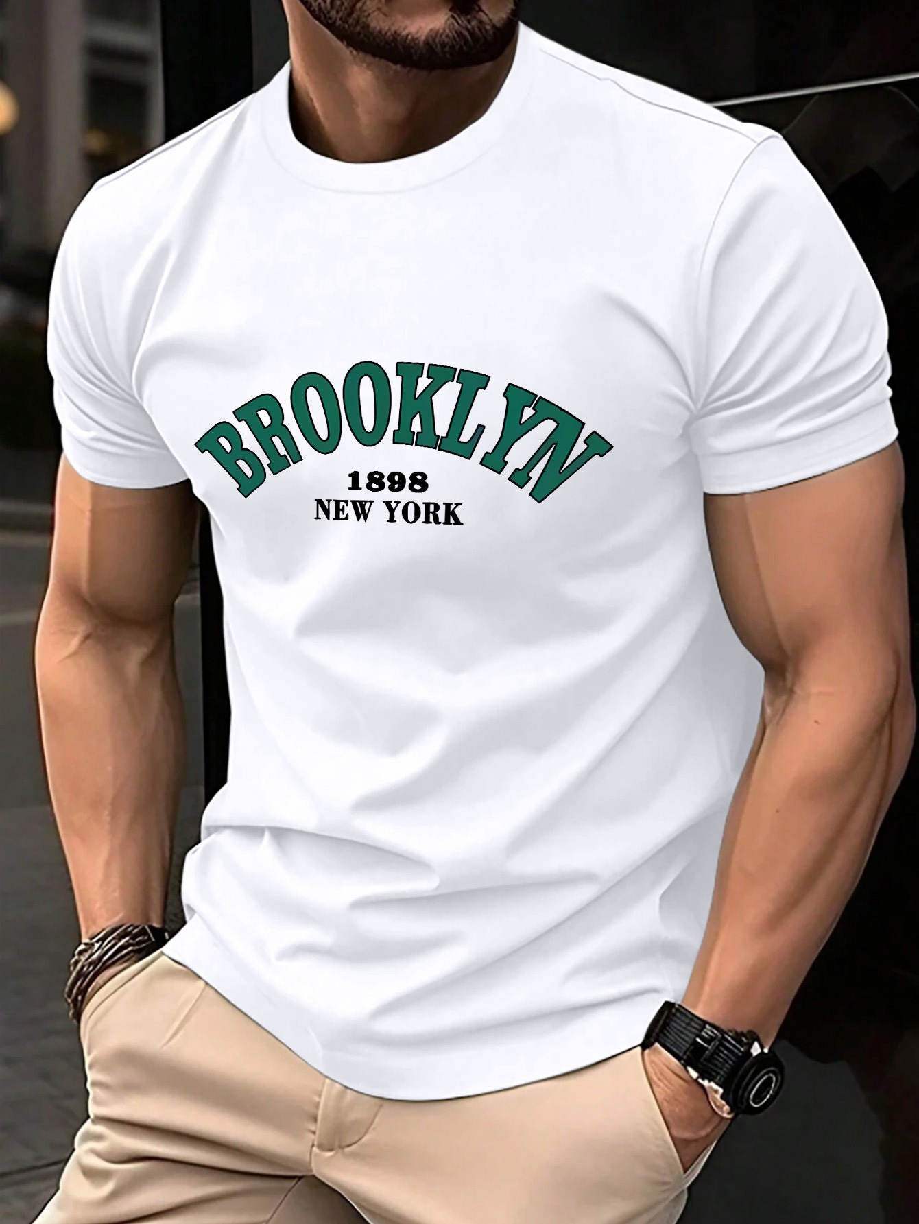 Tailorly Men's Printed Tee - Brooklyn 1898 New York Minimalist Vintage Lettering White T Shirt