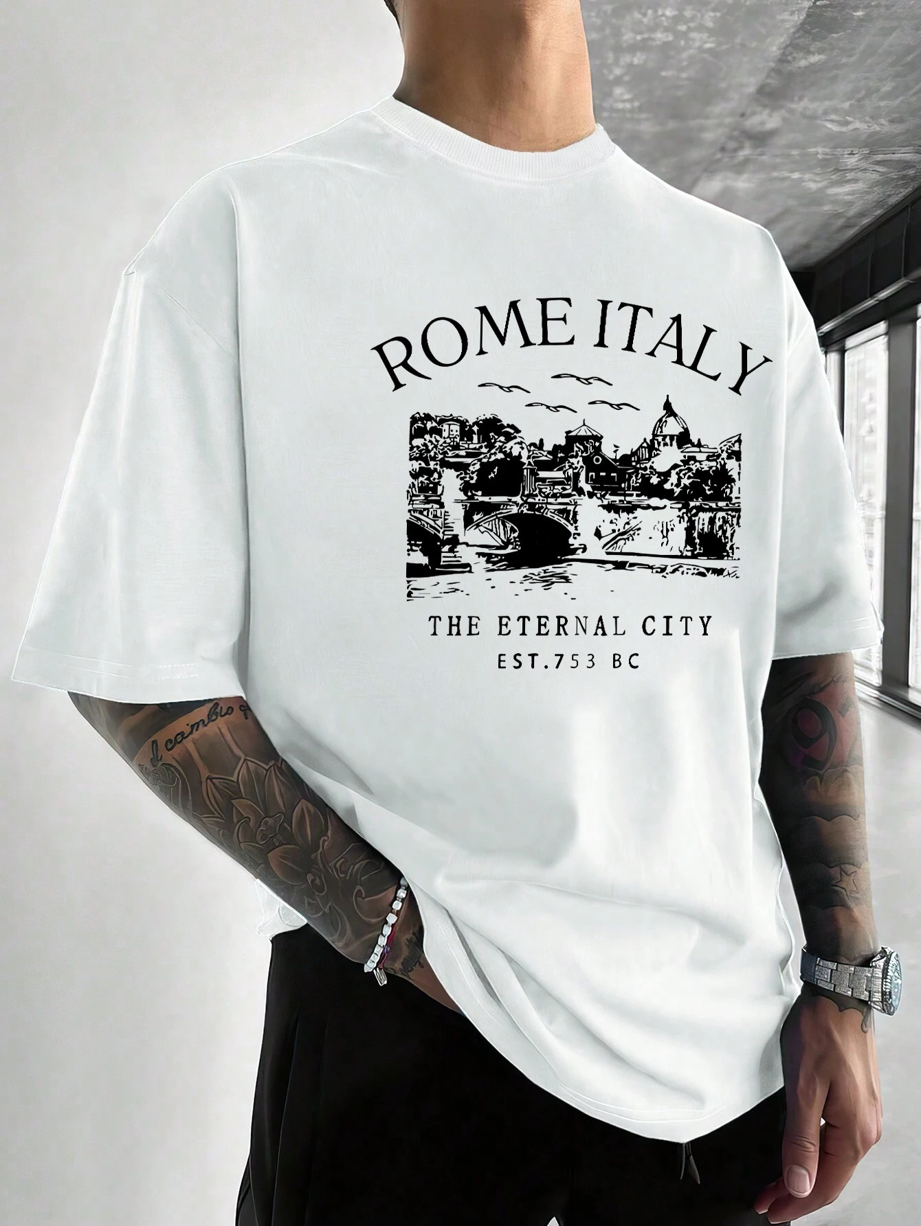 Tailorly Men's Printed Tee - Rome Italy Vintage Cityscape With Historic Ruins Under Bold Typography T Shirt