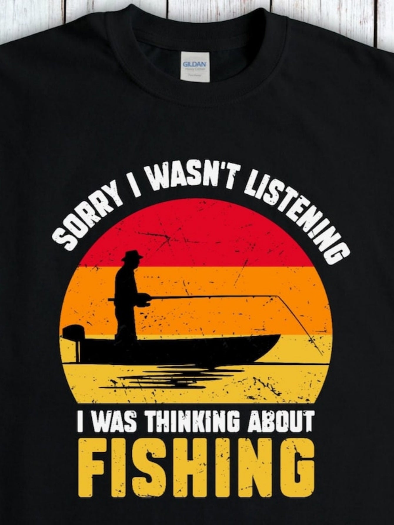 Tailorly Men's Printed Tee - Sorry I Wasnt Listening Sunset With Fishing Boat And Silhouette Of Angler Fishing