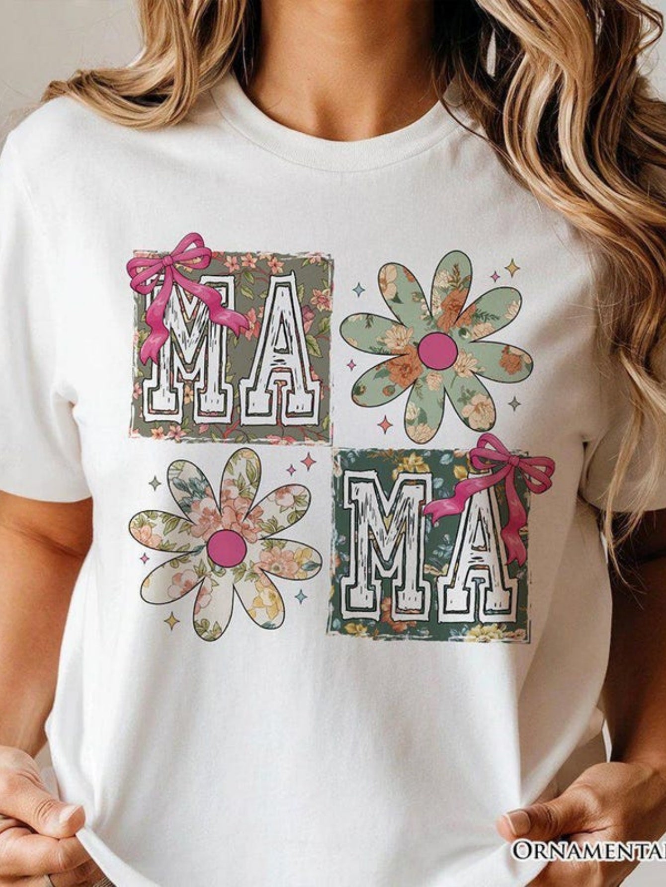 Tailorly Women's Printed Tee - Vintage Bow Decor With Stylish Floral Letters Mama