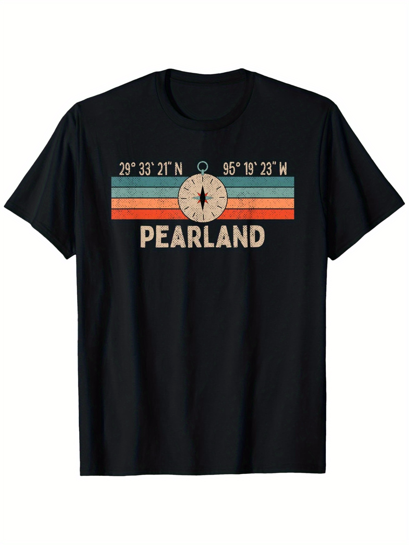 Tailorly Men's Printed Tee - Pearland Vintage Stripes With Compass And Coordinates Design
