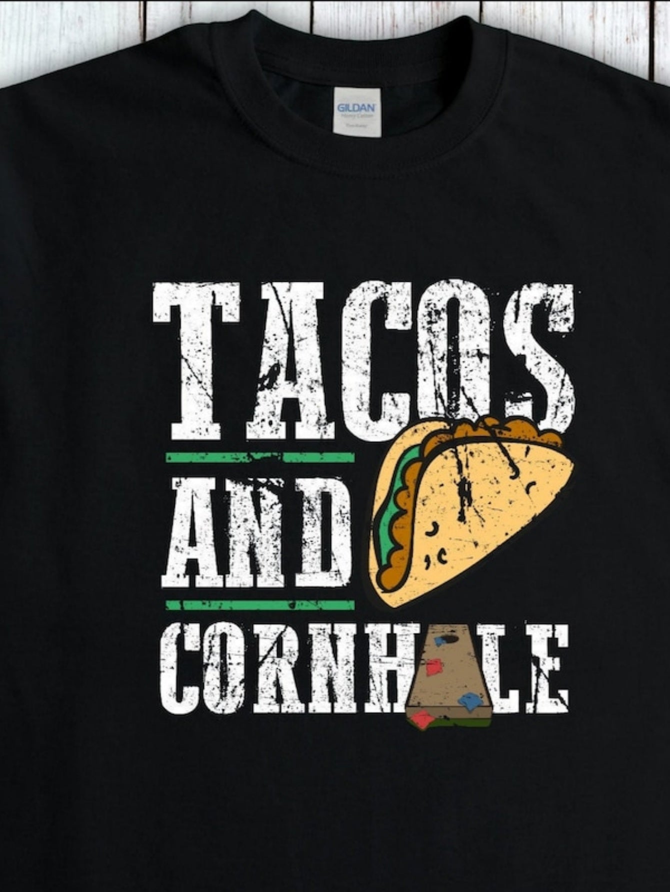 Tailorly Men's Printed Tee - Tacos And Cornhole Vintage White Letters With Yellow Mexican Taco