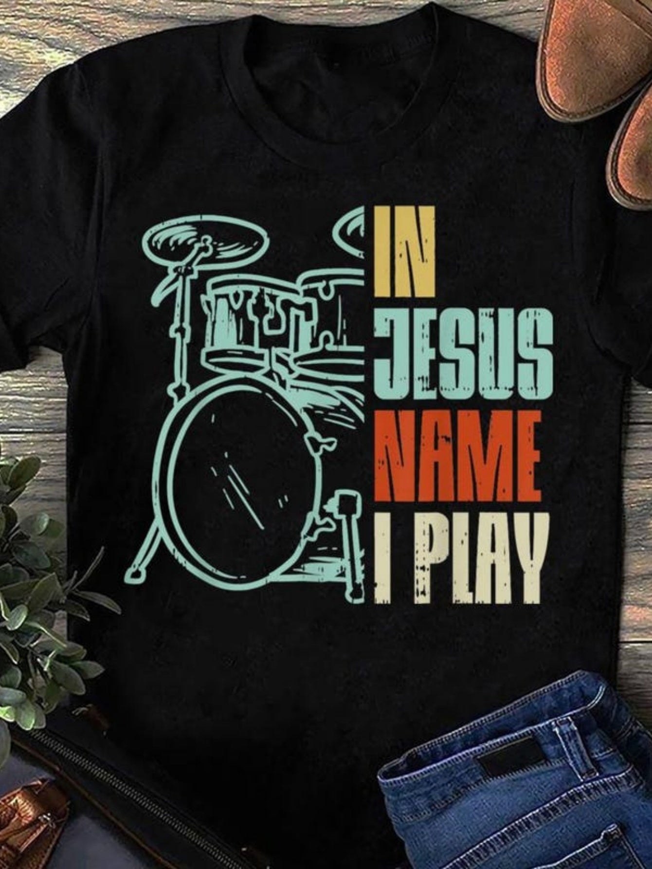 Tailorly Women's Printed Tee - In Jesus Name I Play Vintage Drum Kit Graphic With Retro Colors Drum Set