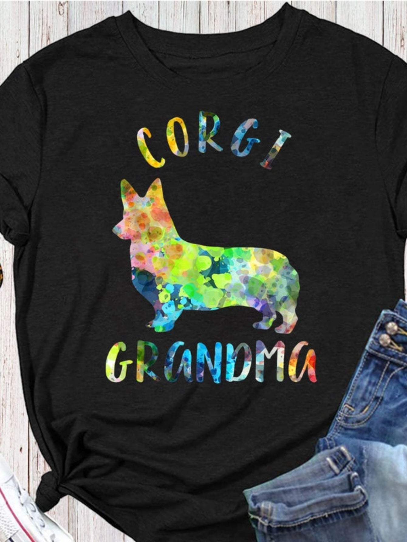 Tailorly Women's Printed Tee - Corgi Grandma Colorful Watercolor Silhouette With Vibrant Artistic Splash Cute Corgi Dog