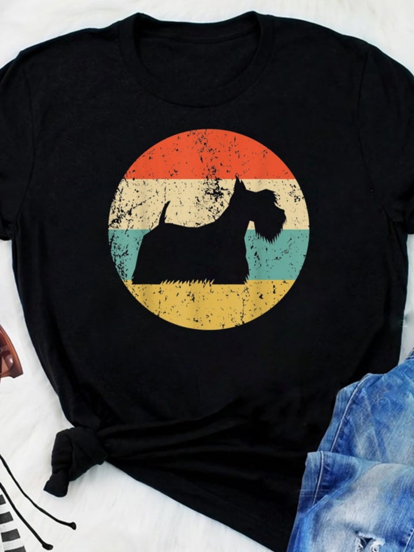 Tailorly Women's Printed Tee - Retro Colored Stripes With Dog Silhouette In Vintage Circle