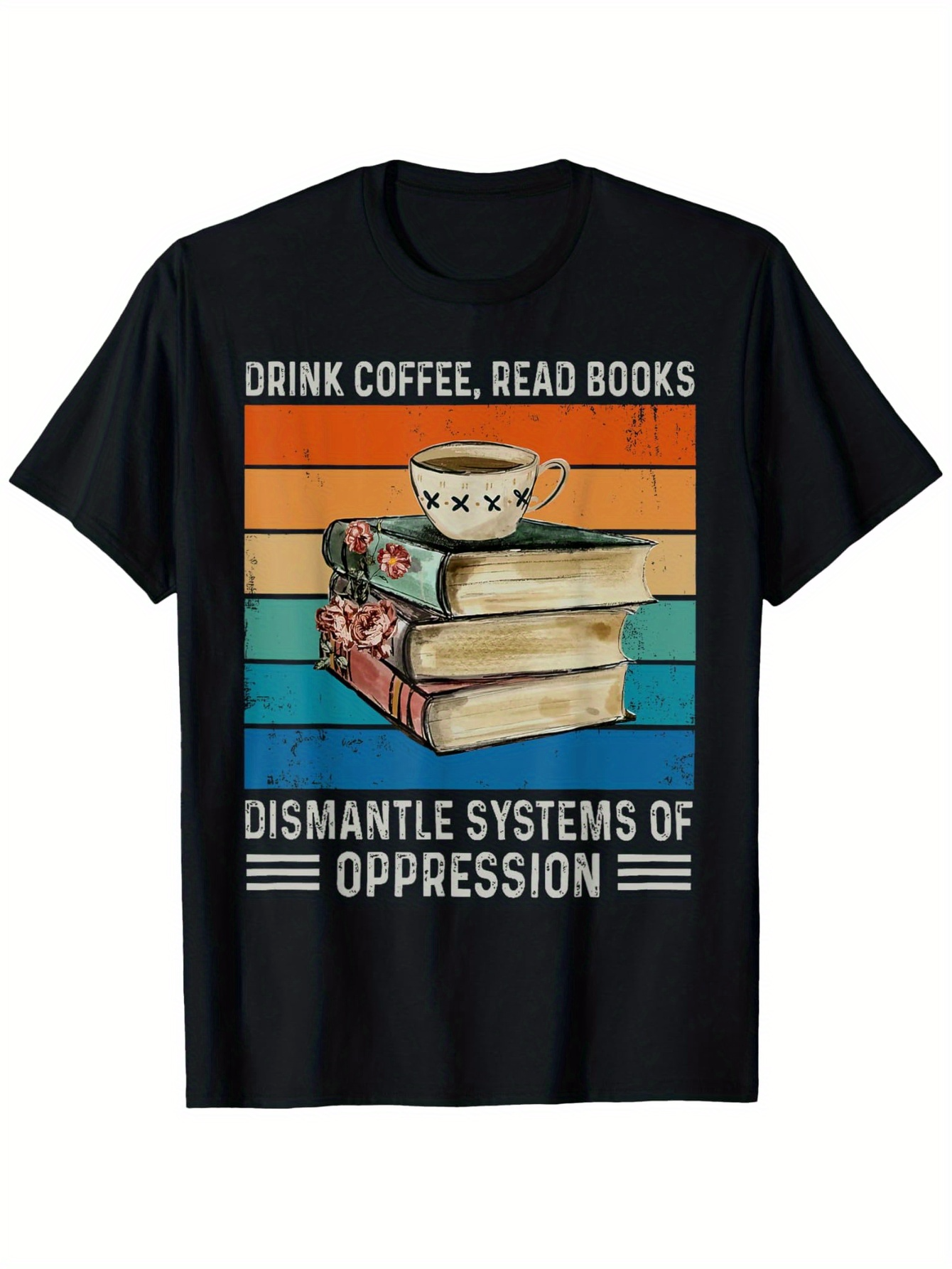 Tailorly Men's Printed Tee - Drink Coffee Read Books Among Colorful Stripes With Stacked Vintage Books