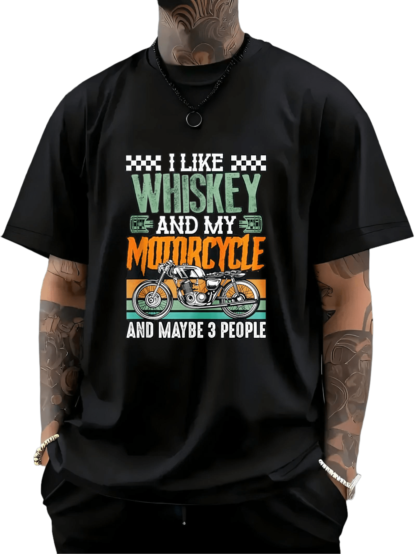 Tailorly Men's Printed Tee - I Like Whiskey And My Motorcycle With Vintage Style And Checkered Decorations Motorcycle