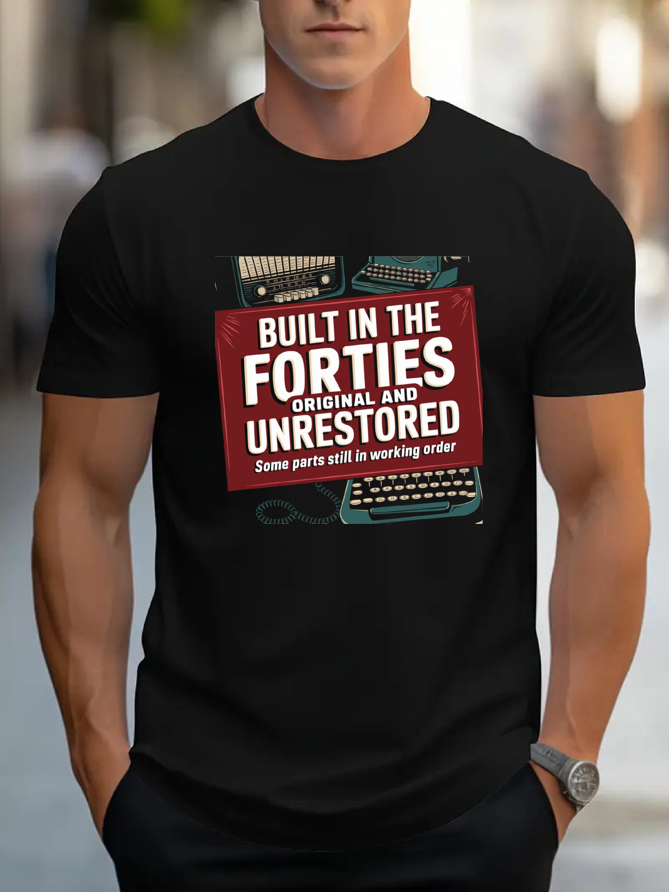Tailorly Men's Printed Tee - Built In The Forties Original And Unrestored Classic Typographic Banner With Vintage Tools