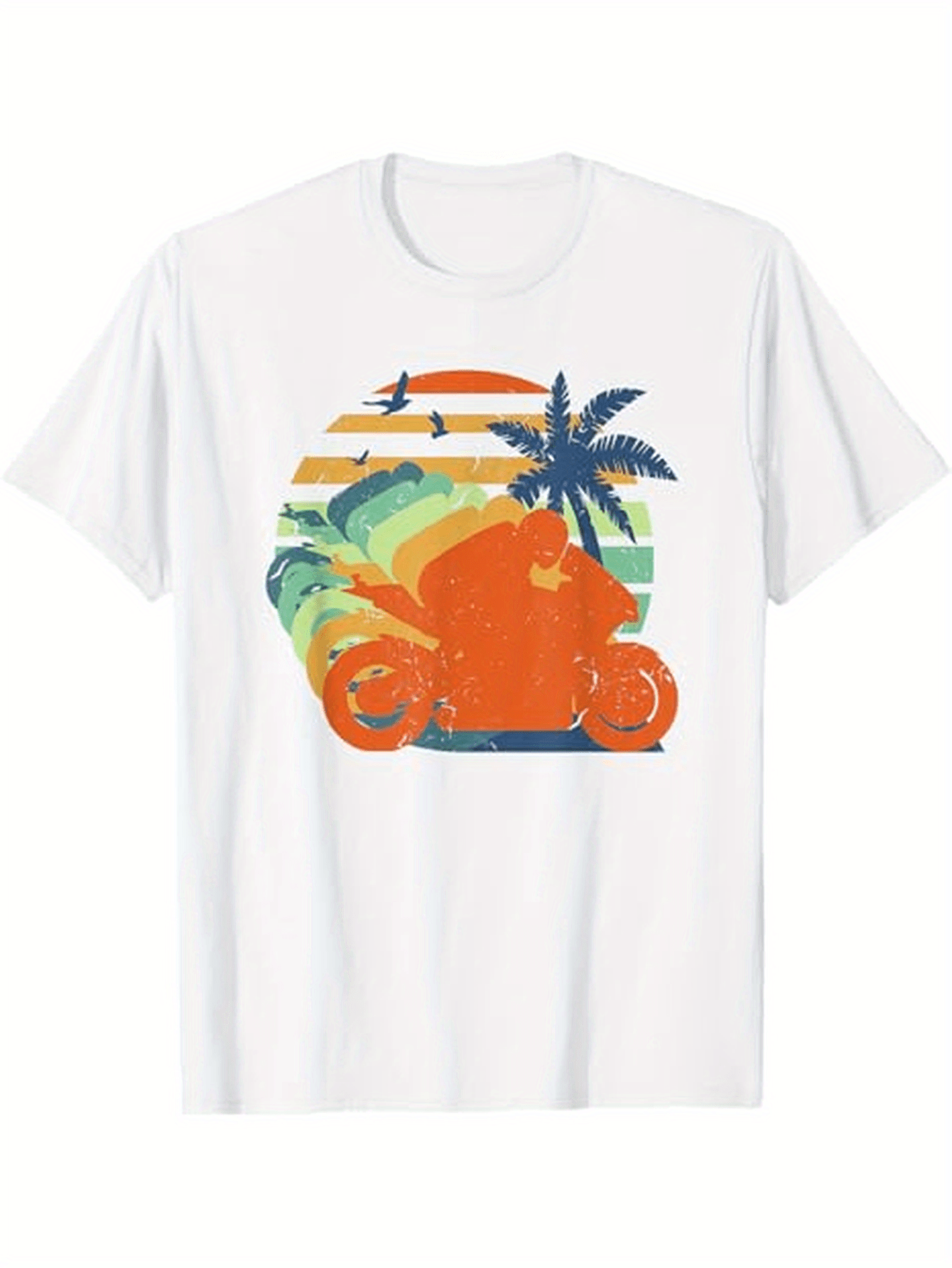 Tailorly Men's Printed Tee - Vintage Sunset With Palm Tree And Colorful Waves Motorcycle
