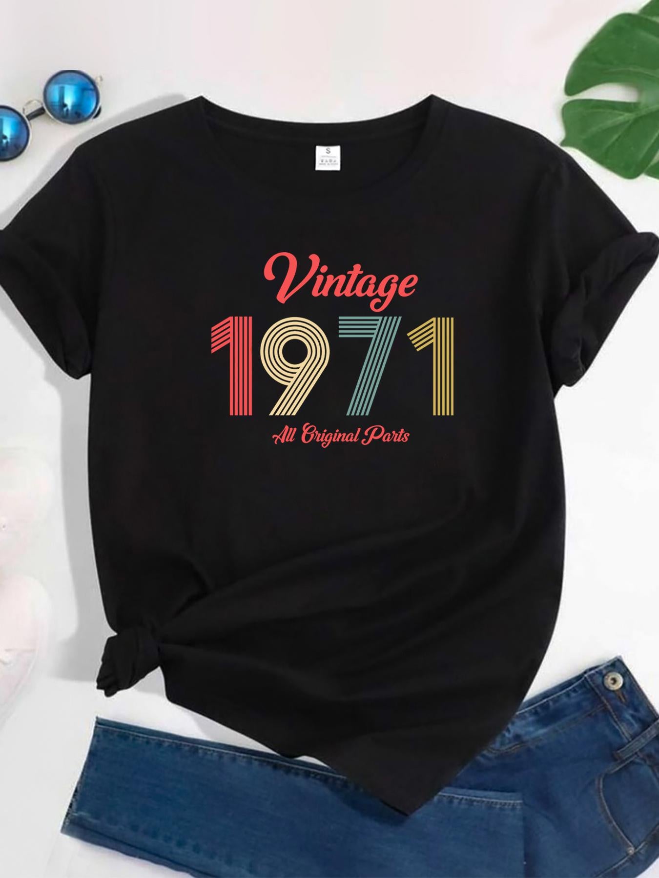 Tailorly Women's Printed Tee - Vintage Bright Colored Numbers With Simple Script 1971
