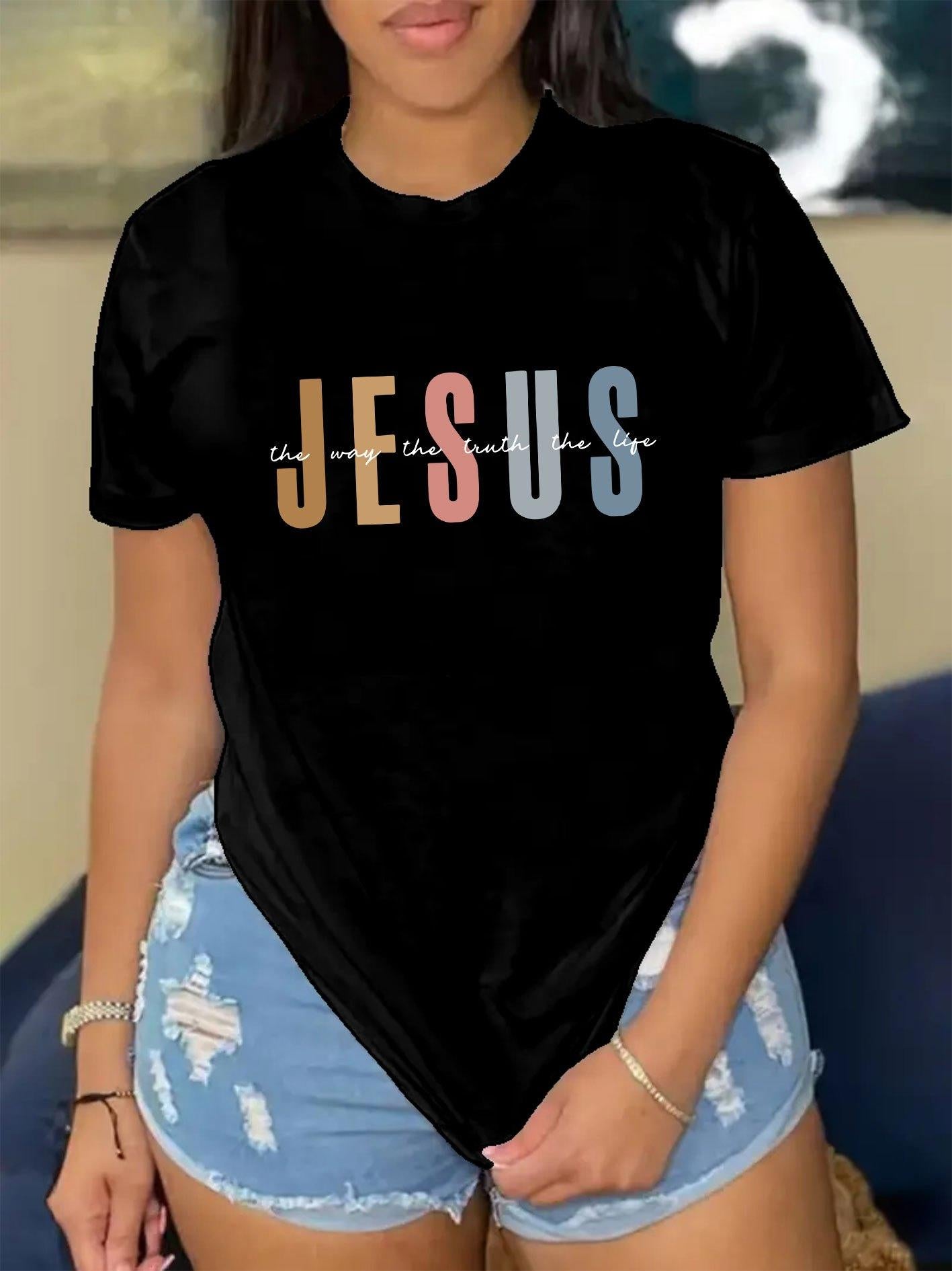 Tailorly Women's Printed Tee - Multicolored Bold Letters With Minimalistic Style Jesus